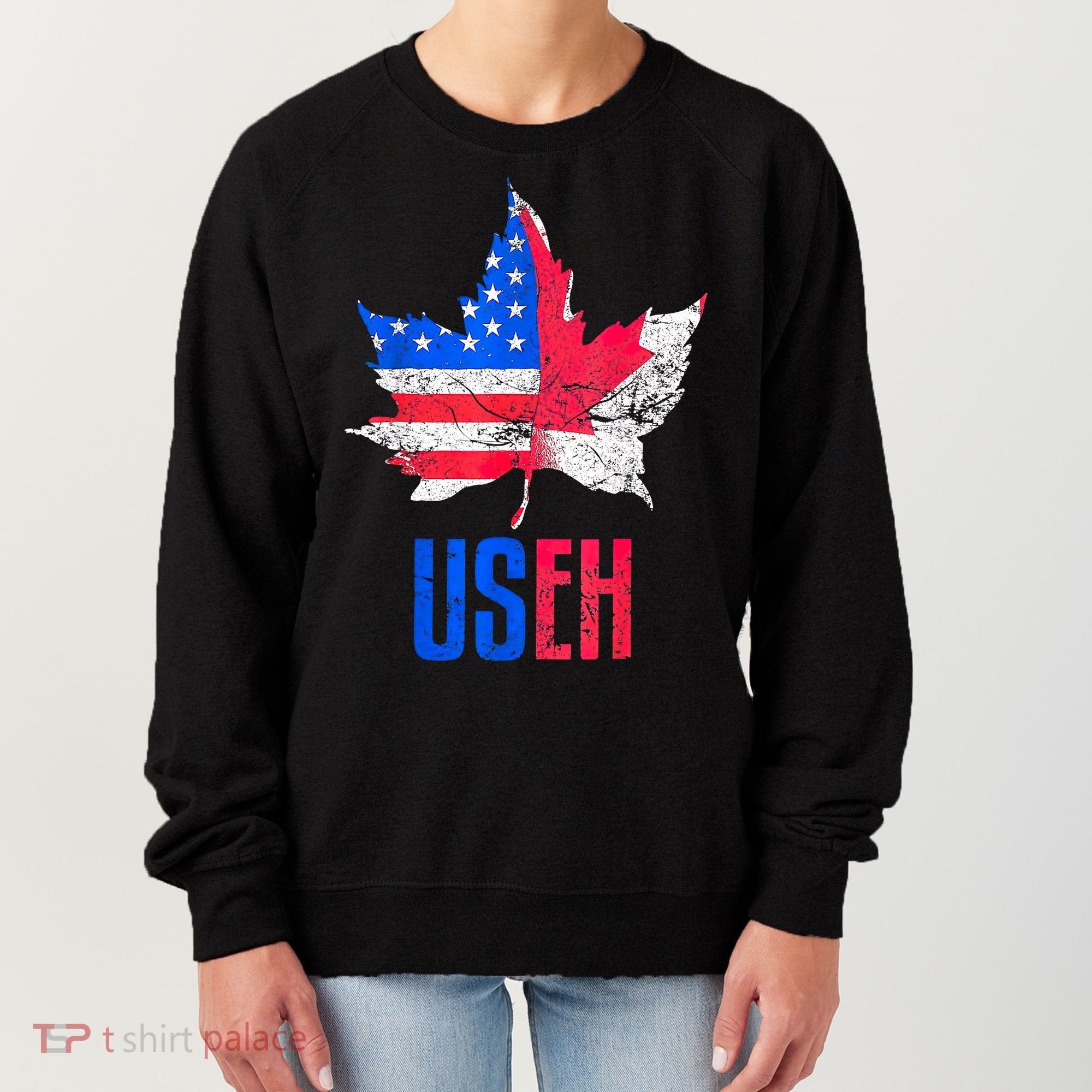 Leaf Canadian American Flag Funny Canada Patriotic Women's Sweatshirt