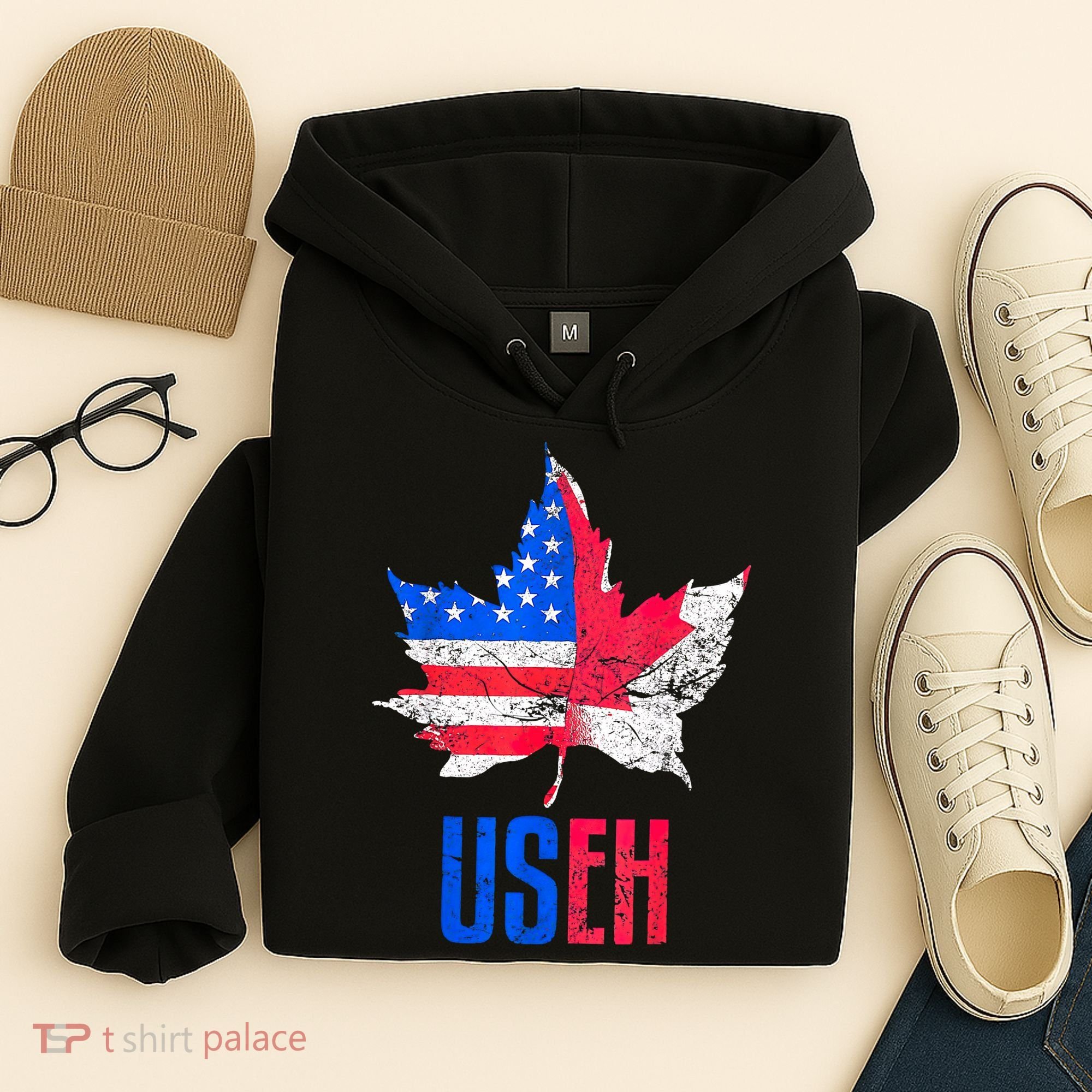 Leaf Canadian American Flag Funny Canada Patriotic Hoodie