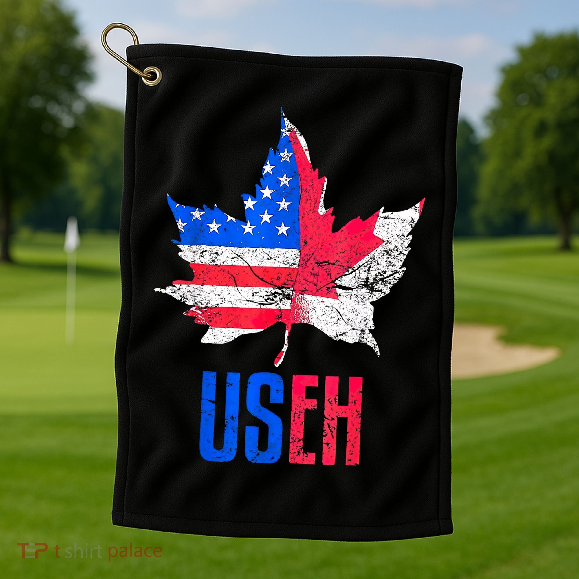 Leaf Canadian American Flag Funny Canada Patriotic Golf Towel
