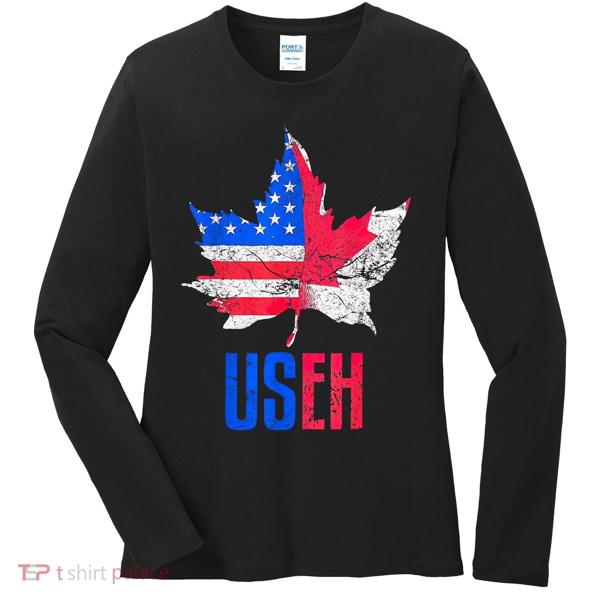 Leaf Canadian American Flag Funny Canada Patriotic Women's Long Sleeve Shirt