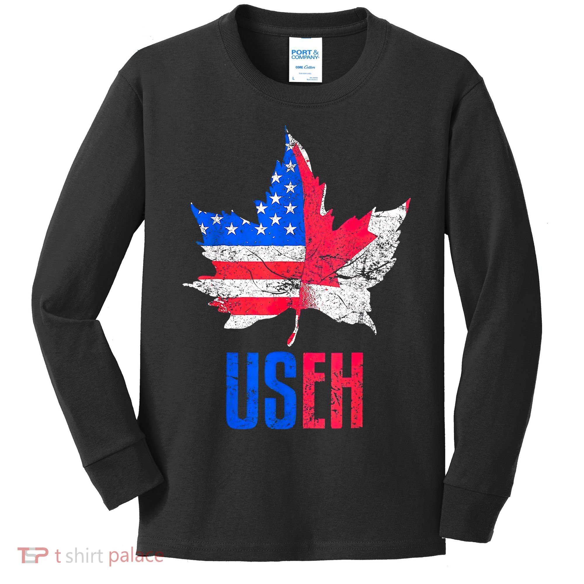 Leaf Canadian American Flag Funny Canada Patriotic Kids Long Sleeve Shirt