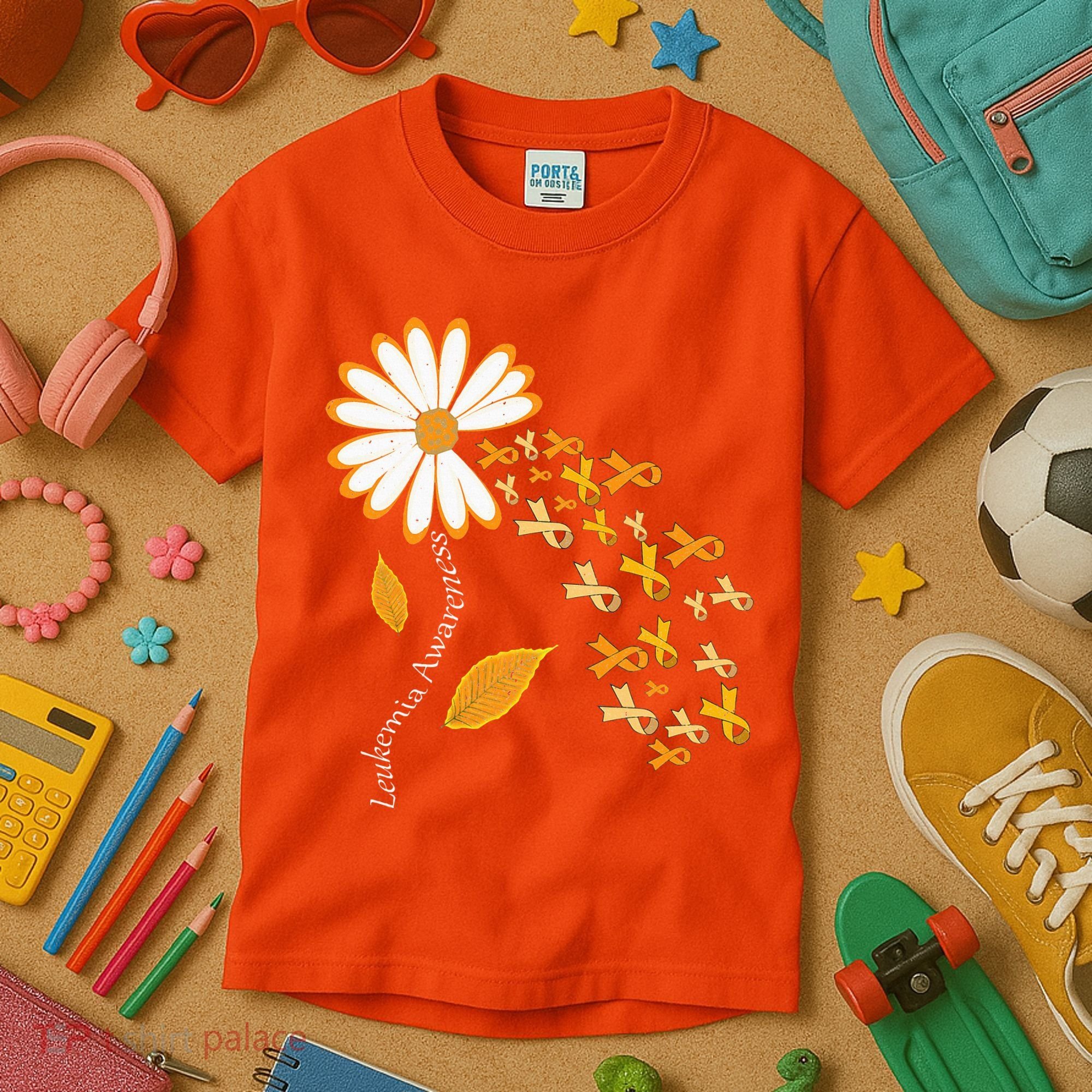 Leukemia Cancer Awareness Orange Ribbon Daisy Flower Kids T-Shirt