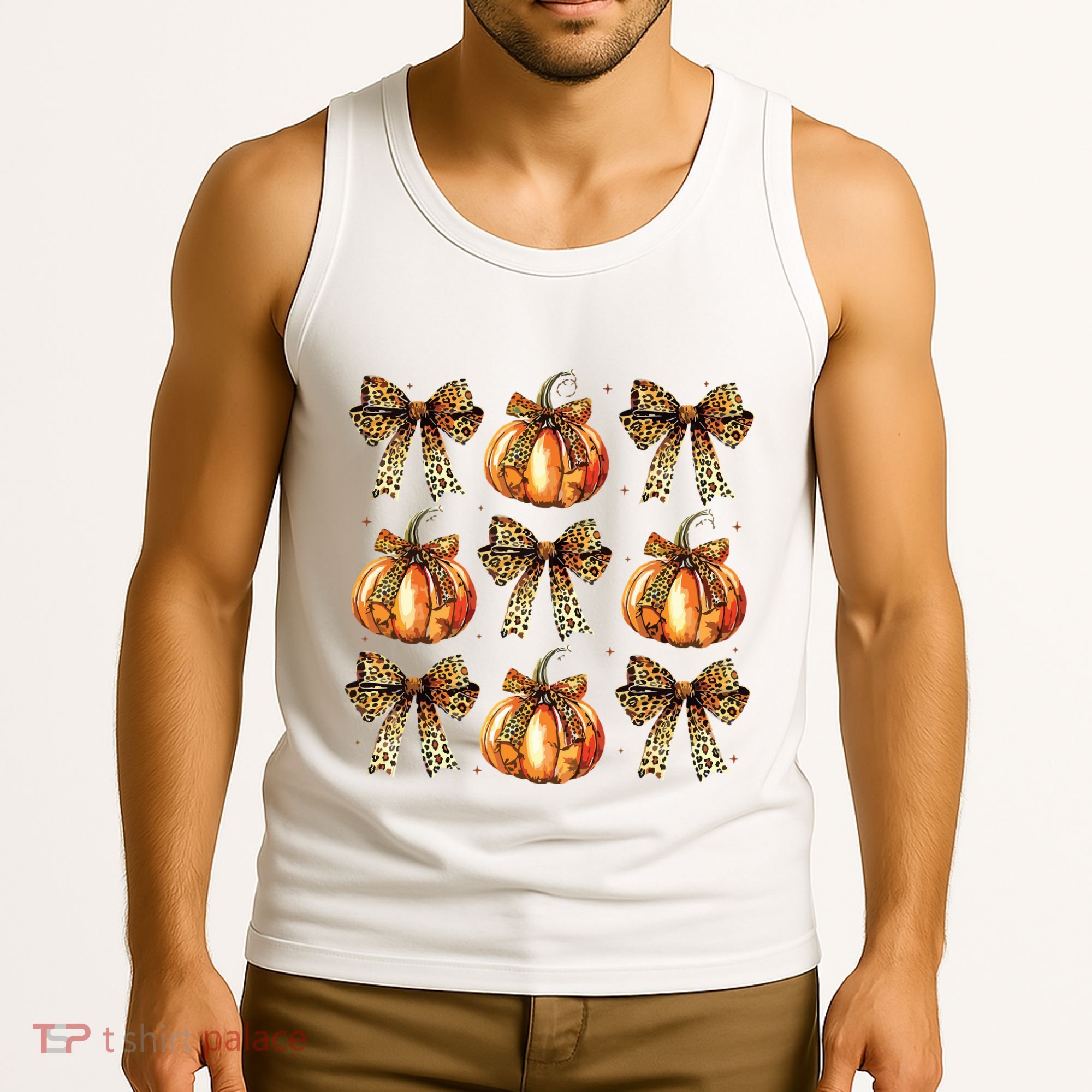 Leopard Coquette Bow Pumpkin Spooky Season Autumn Halloween Tank Top