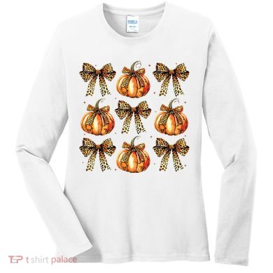 Leopard Coquette Bow Pumpkin Spooky Season Autumn Halloween Women's Long Sleeve Shirt