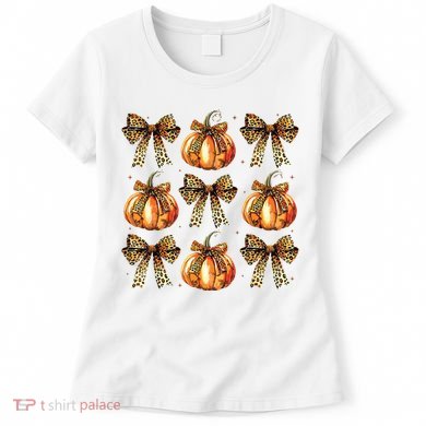 Leopard Coquette Bow Pumpkin Spooky Season Autumn Halloween Women's T-Shirt
