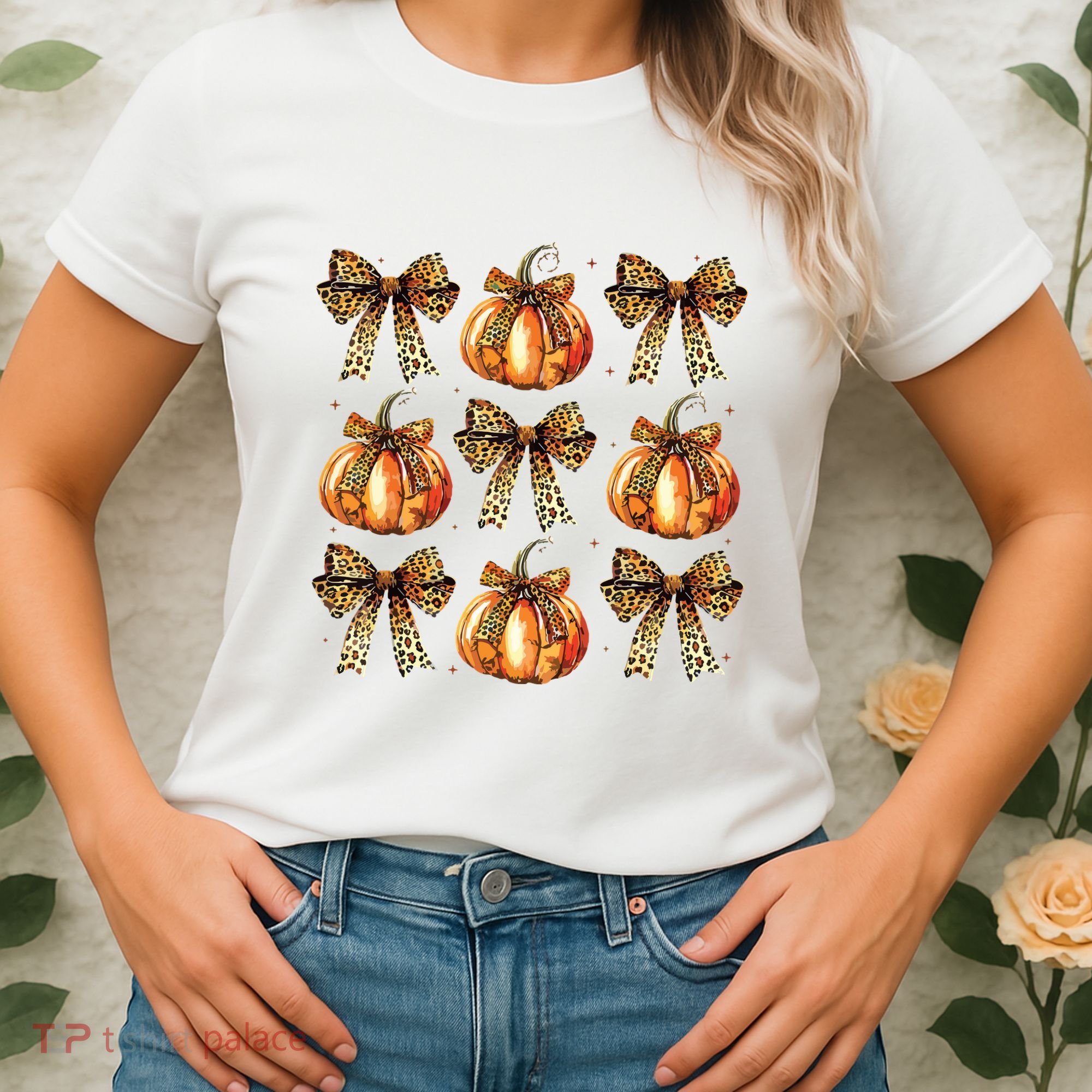 Leopard Coquette Bow Pumpkin Spooky Season Autumn Halloween Women's T-Shirt