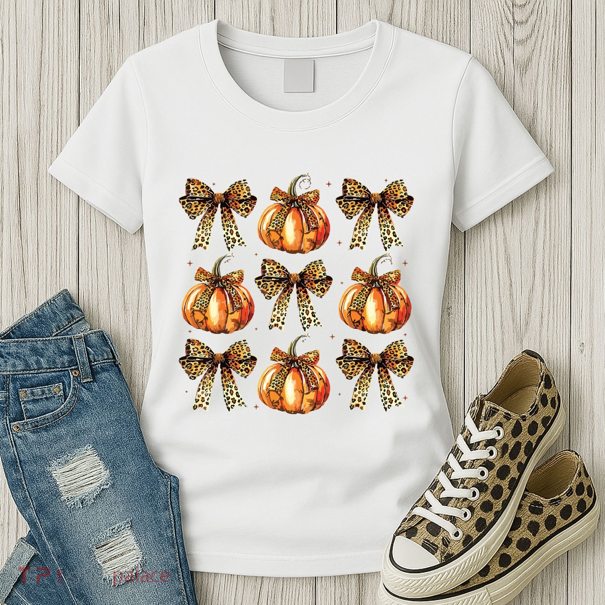 Leopard Coquette Bow Pumpkin Spooky Season Autumn Halloween Women's T-Shirt