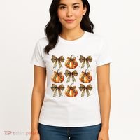 Leopard Coquette Bow Pumpkin Spooky Season Autumn Halloween Women's T-Shirt thumb 4