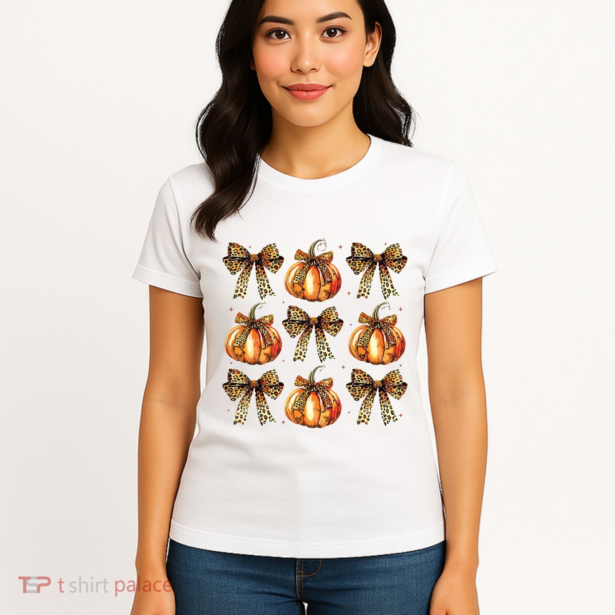 Leopard Coquette Bow Pumpkin Spooky Season Autumn Halloween Women's T-Shirt
