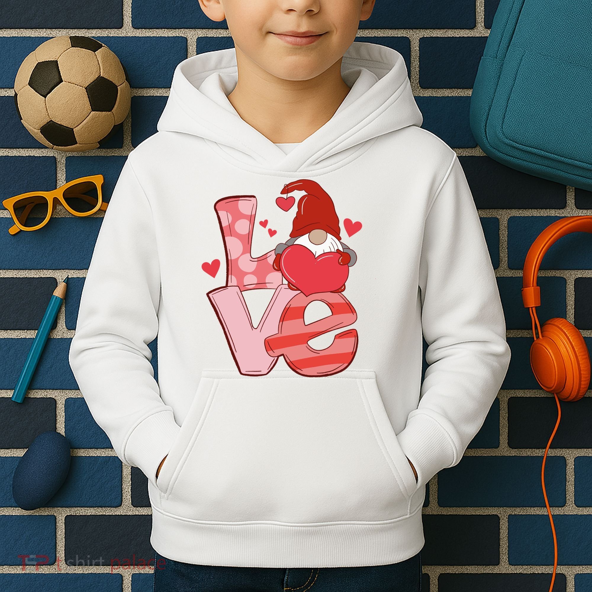 Love Cute Gnome Valentines Day Heart Kids Hoodie