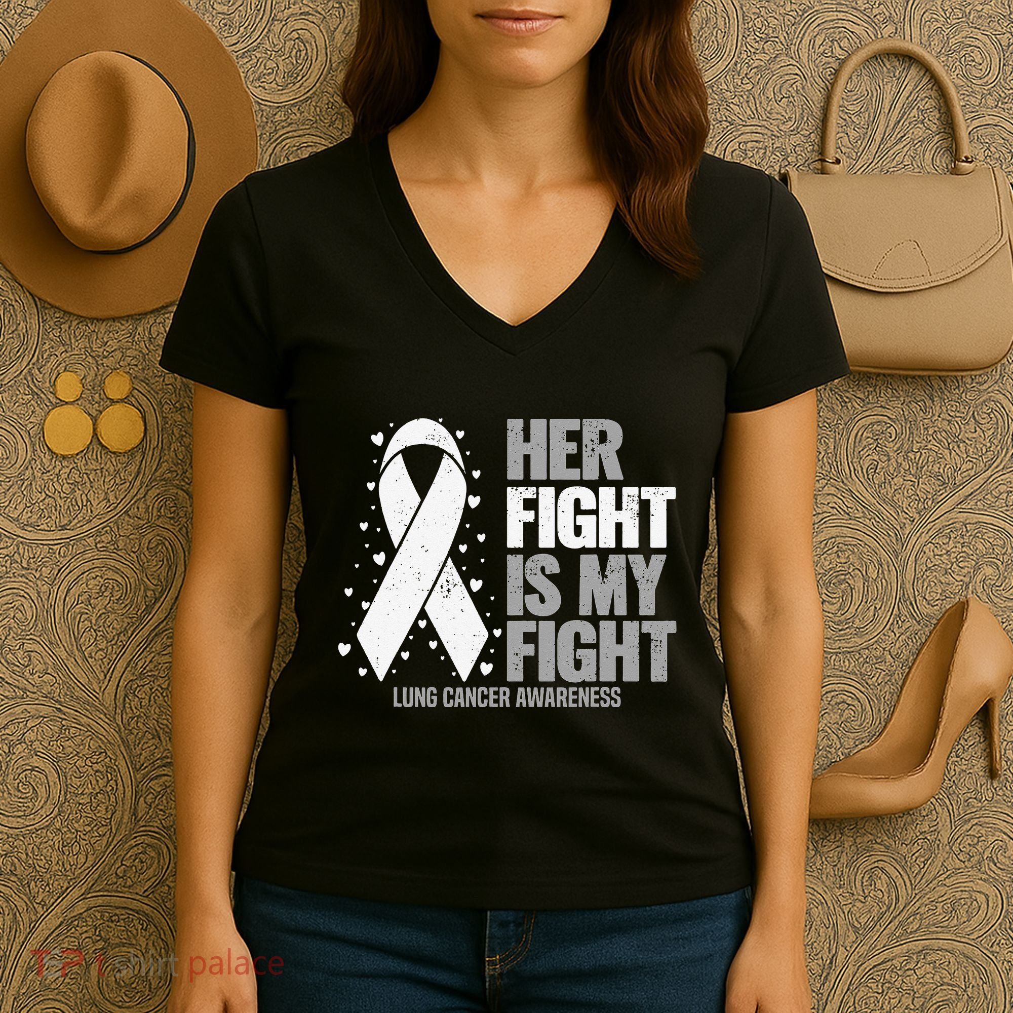 Lung Cancer Her Fight is my Fight Lung Cancer Awareness Women's V-Neck T-Shirt