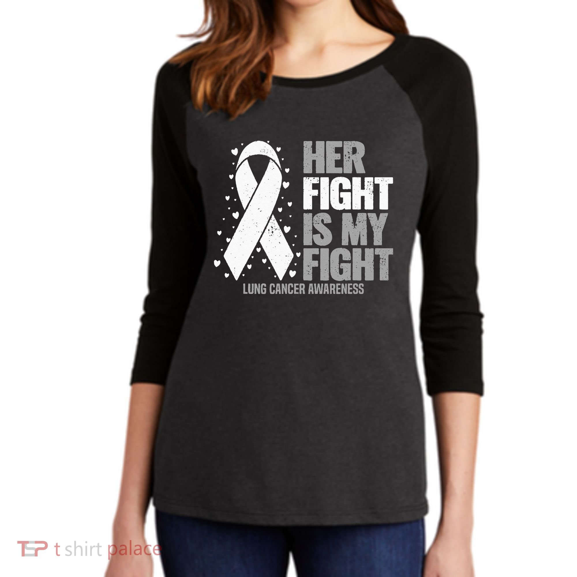 Lung Cancer Her Fight Is My Fight Lung Cancer Awareness Women's Tri-Blend 3/4-Sleeve Raglan Shirt
