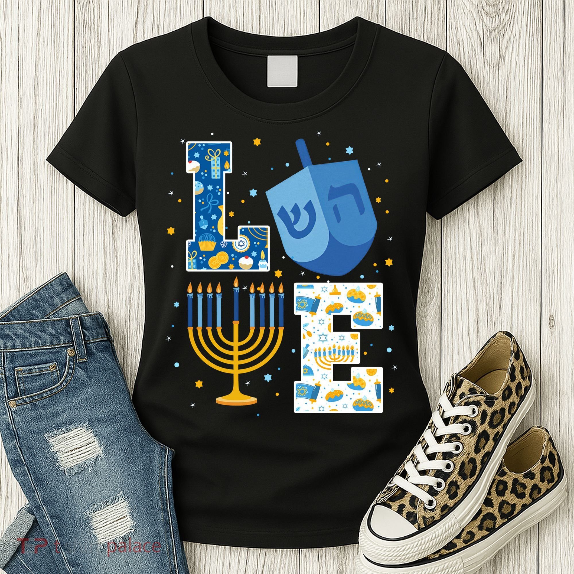 LOVE Cute Hanukkah Decorations Dreidel Menorah Chanukah Women's T-Shirt