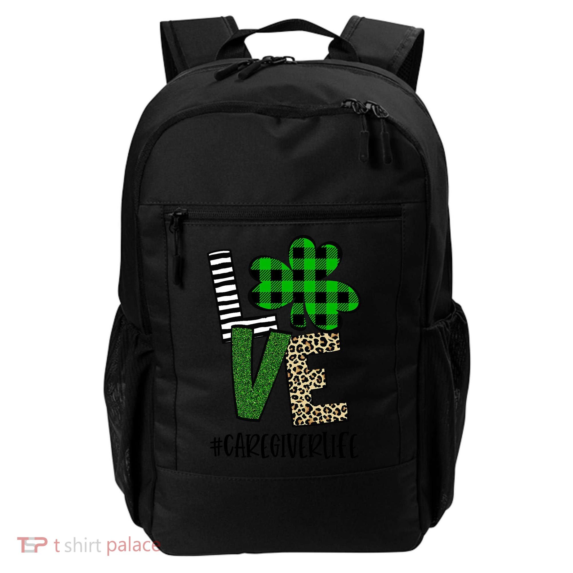 LOVE Caregiver Life St Patrick's Day Buffalo Plaid Shamrock Backpack
