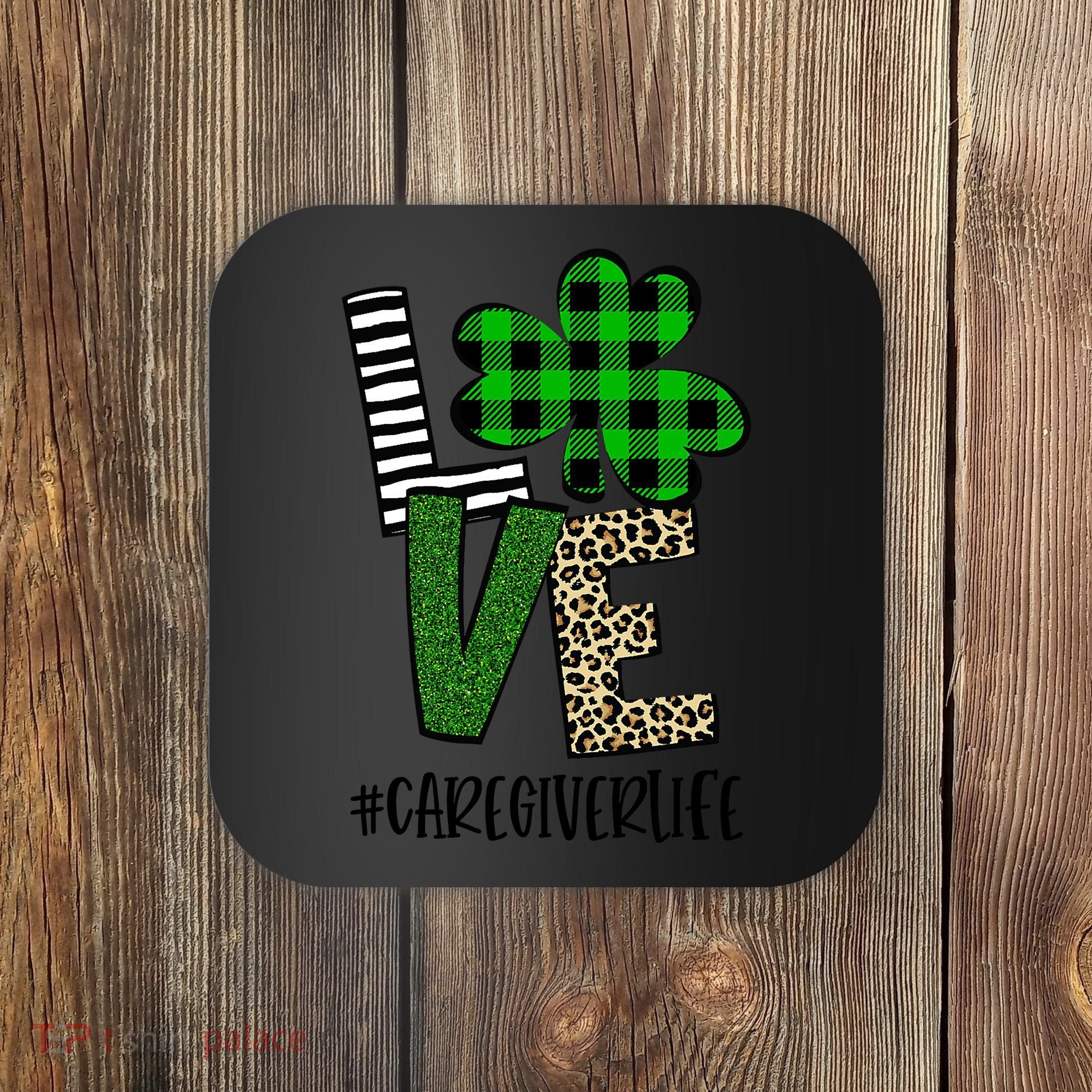 LOVE Caregiver Life St Patrick's Day Buffalo Plaid Shamrock Coaster