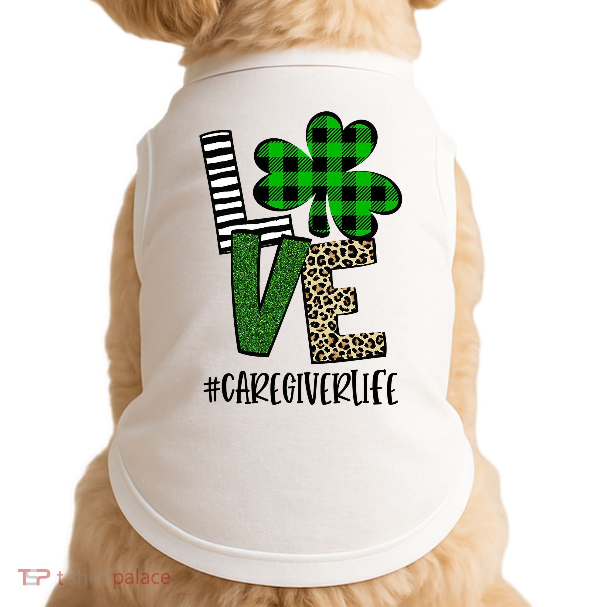 LOVE Caregiver Life St Patrick's Day Buffalo Plaid Shamrock Doggie Tank