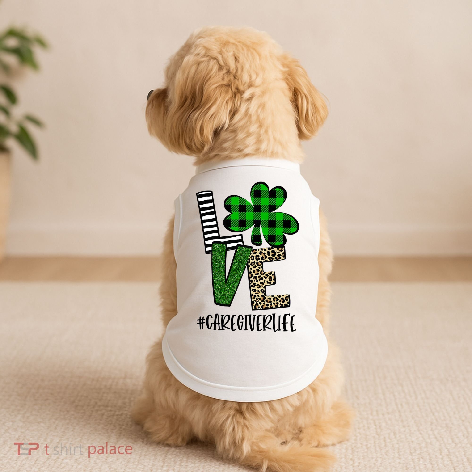 LOVE Caregiver Life St Patrick's Day Buffalo Plaid Shamrock Doggie Tank