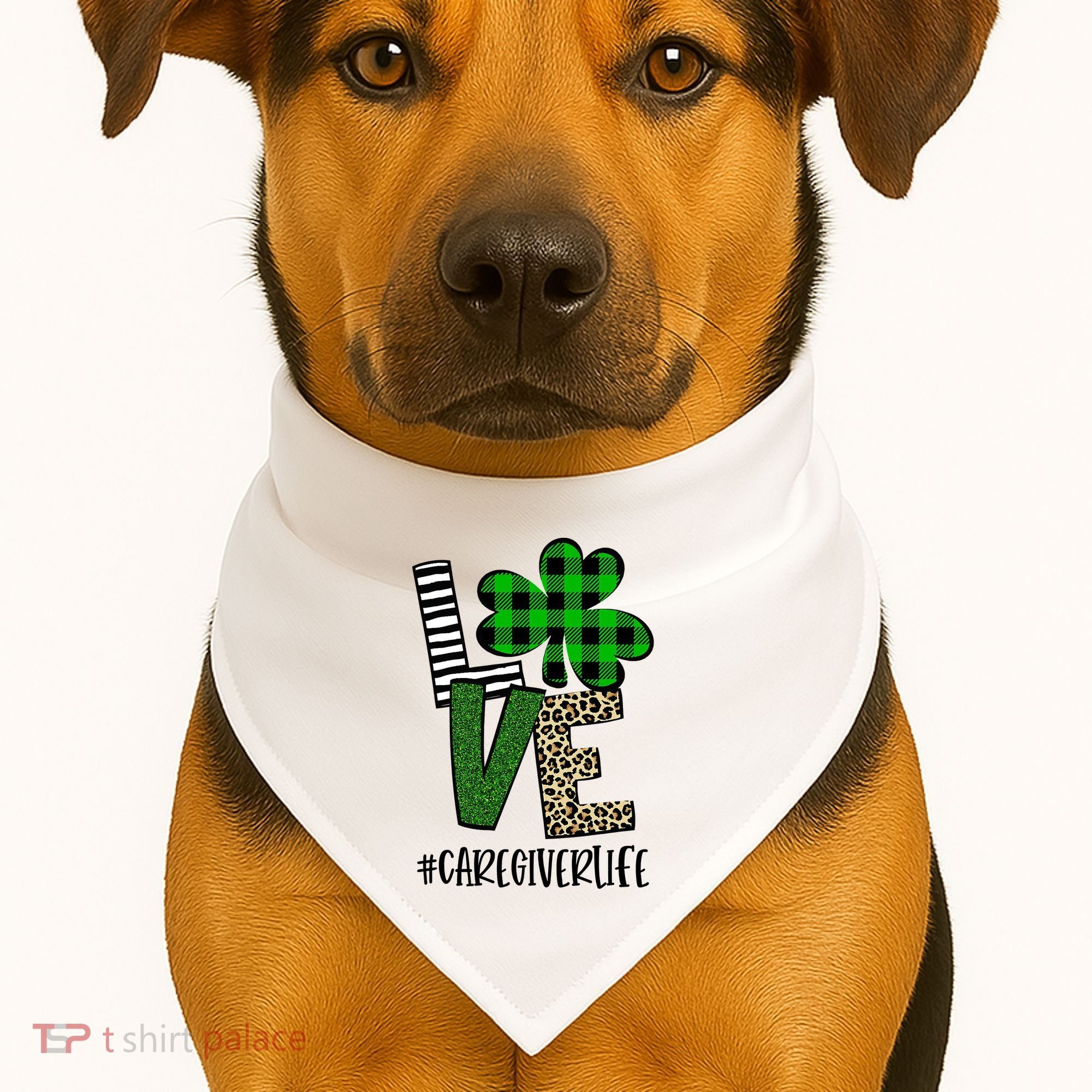 LOVE Caregiver Life St Patrick's Day Buffalo Plaid Shamrock USA-Made Doggie Bandana