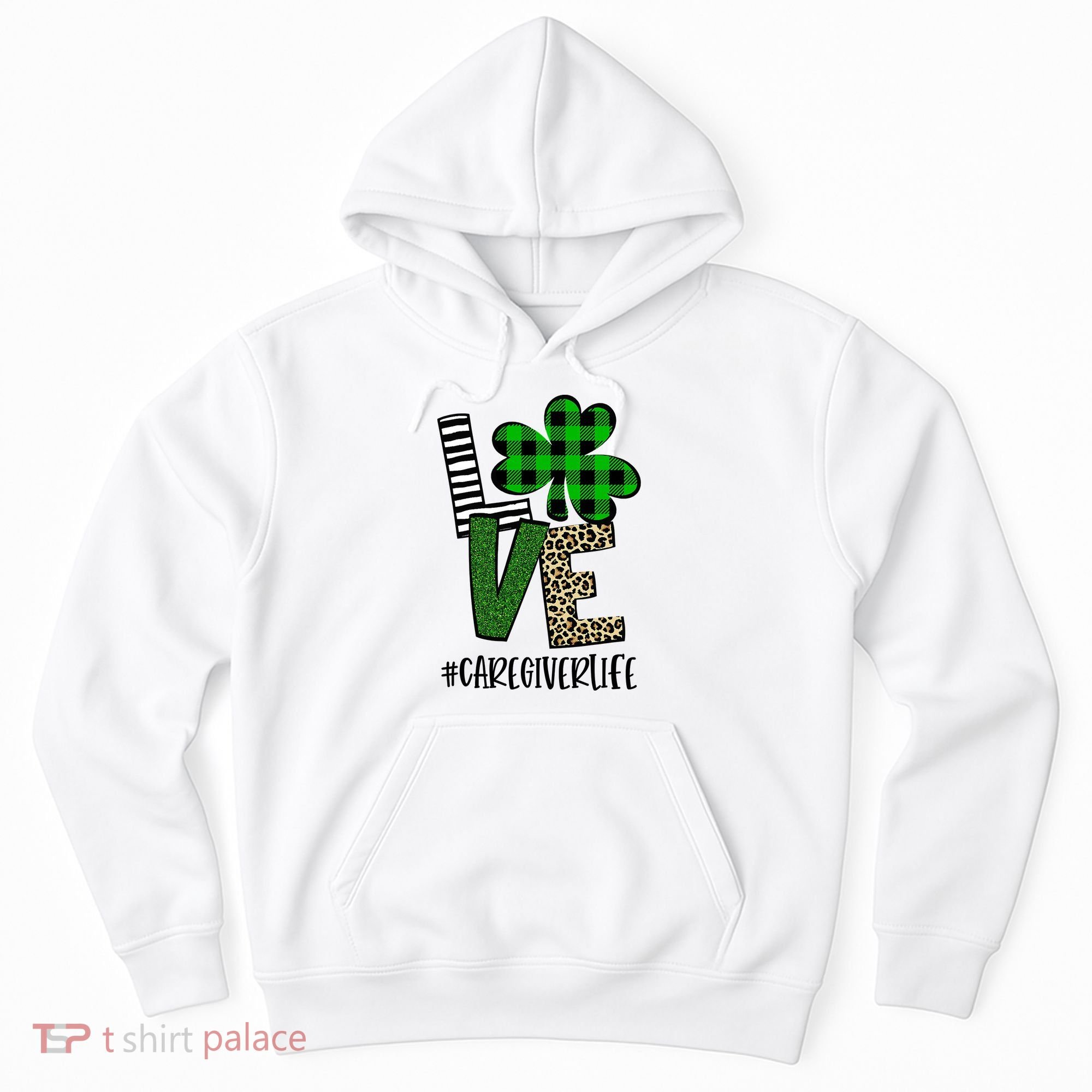 LOVE Caregiver Life St Patrick's Day Buffalo Plaid Shamrock Hoodie