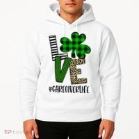 LOVE Caregiver Life St Patrick's Day Buffalo Plaid Shamrock Hoodie thumb 2