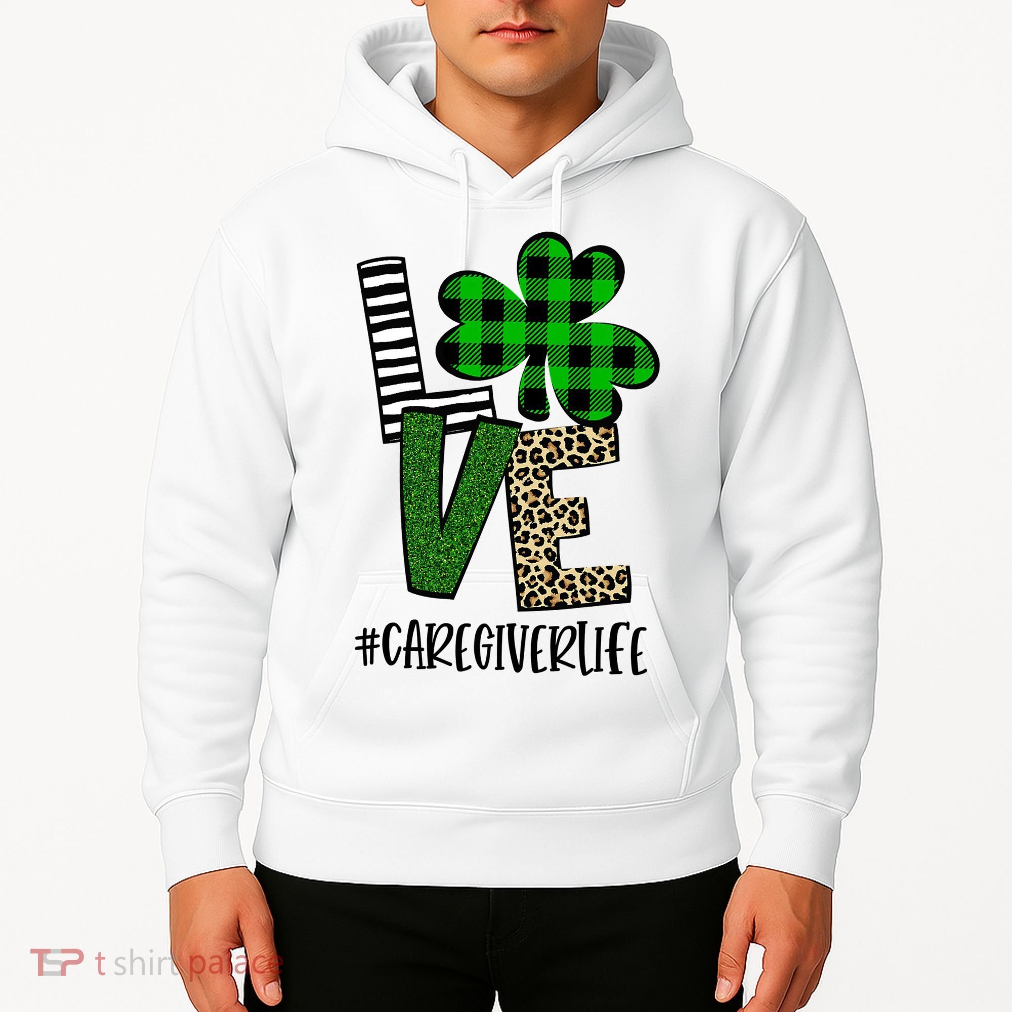LOVE Caregiver Life St Patrick's Day Buffalo Plaid Shamrock Hoodie