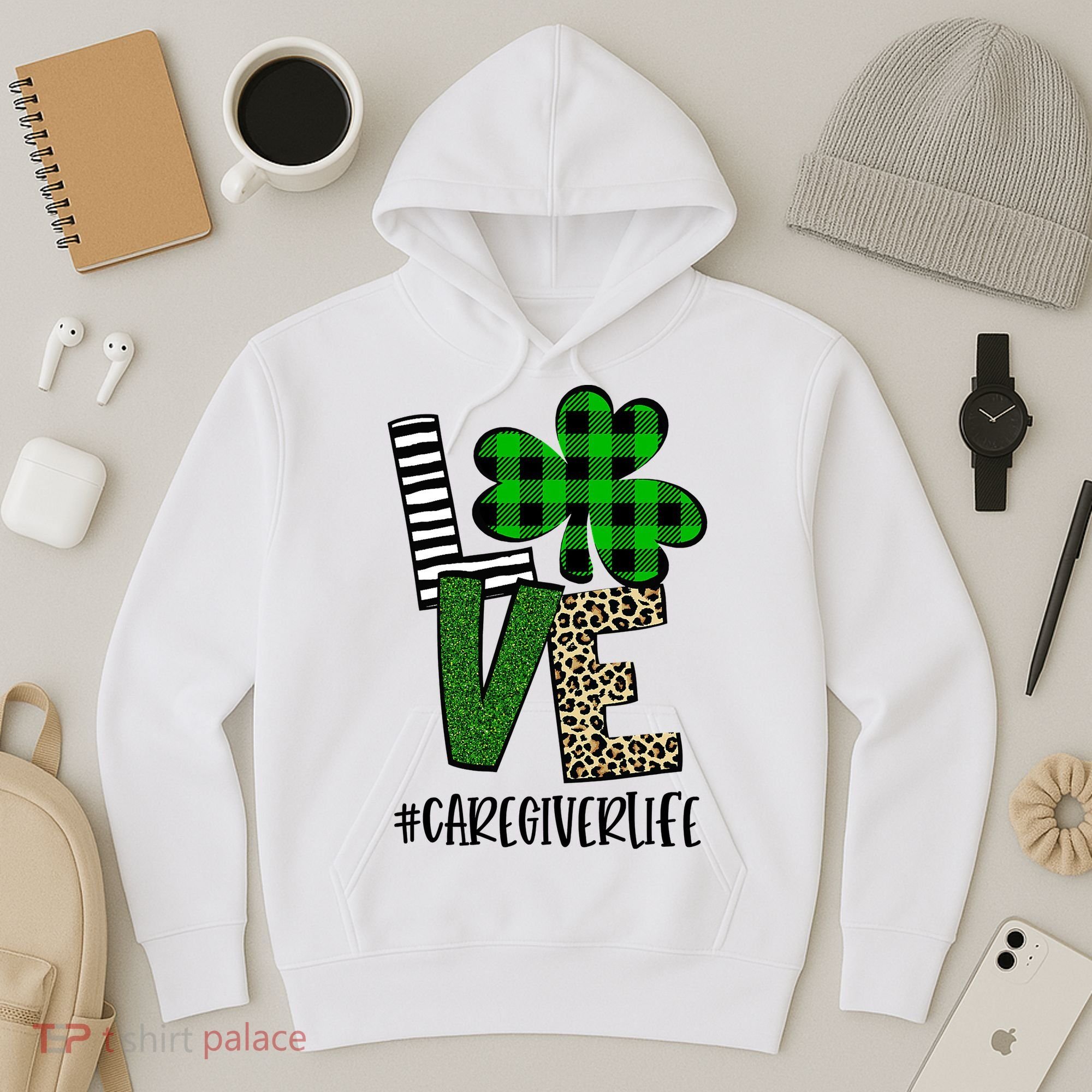 LOVE Caregiver Life St Patrick's Day Buffalo Plaid Shamrock Hoodie
