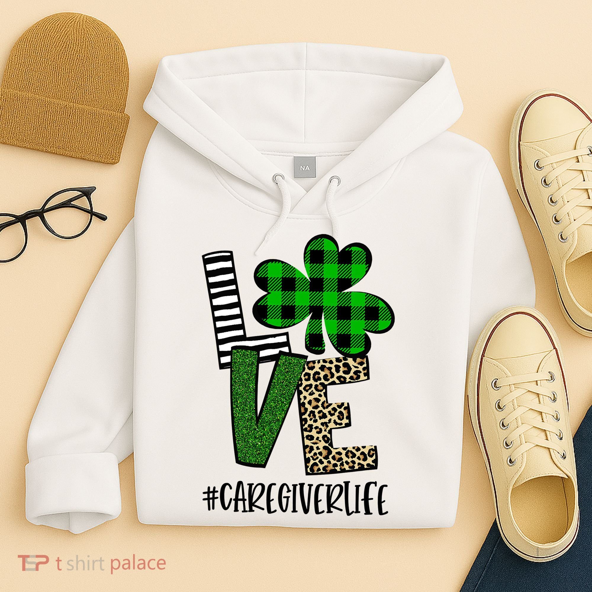 LOVE Caregiver Life St Patrick's Day Buffalo Plaid Shamrock Hoodie