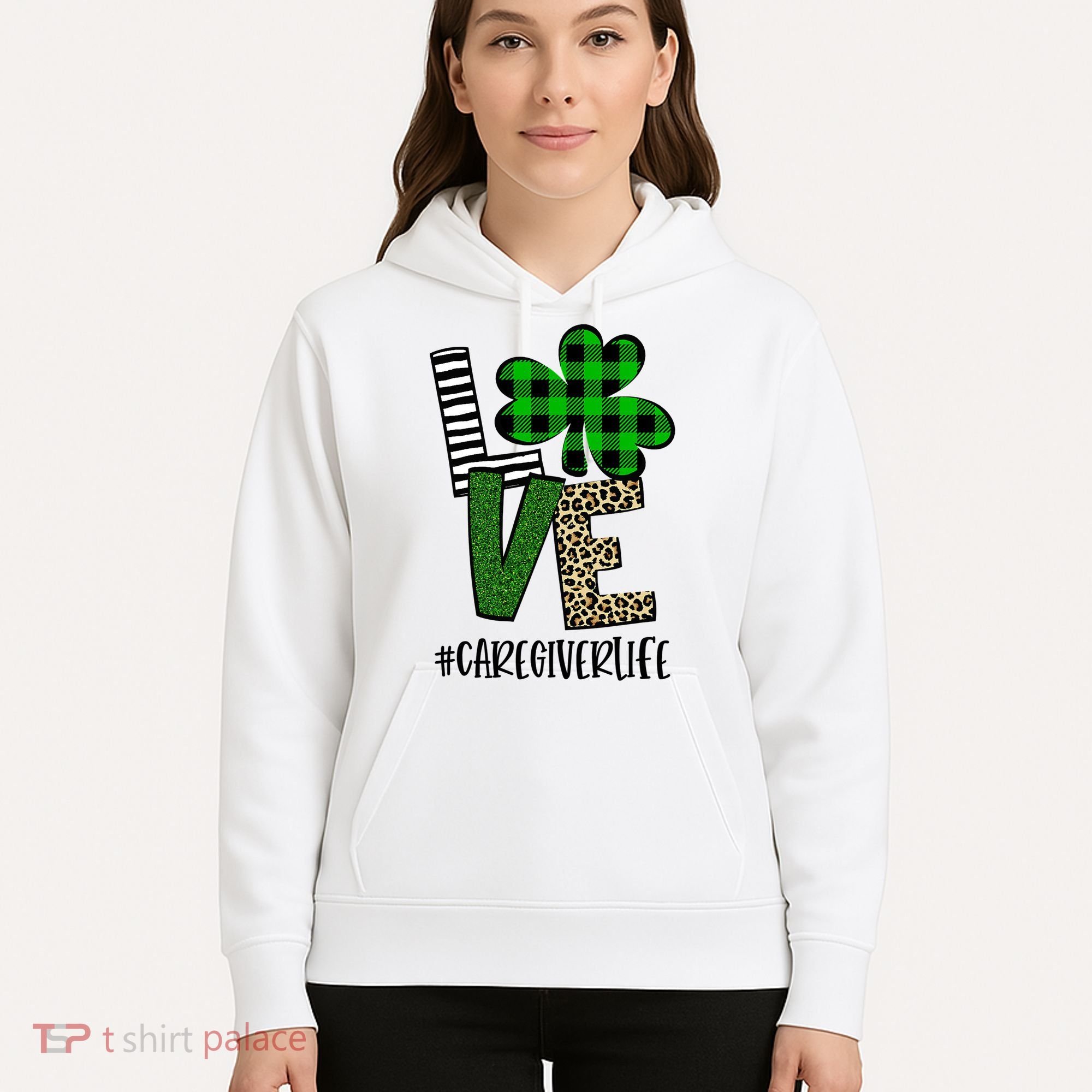 LOVE Caregiver Life St Patrick's Day Buffalo Plaid Shamrock Hoodie
