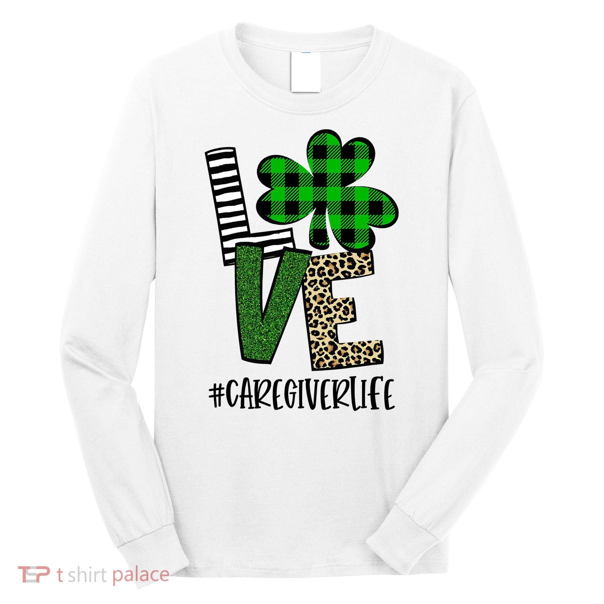 LOVE Caregiver Life St Patrick's Day Buffalo Plaid Shamrock Long Sleeve Shirt