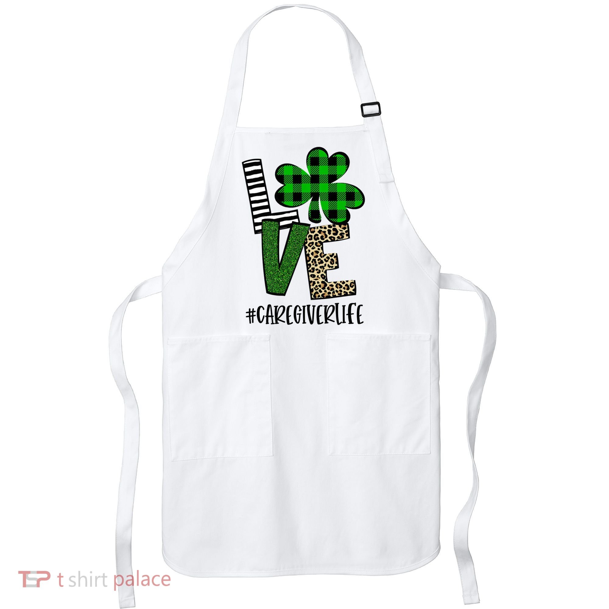 LOVE Caregiver Life St Patrick's Day Buffalo Plaid Shamrock Apron