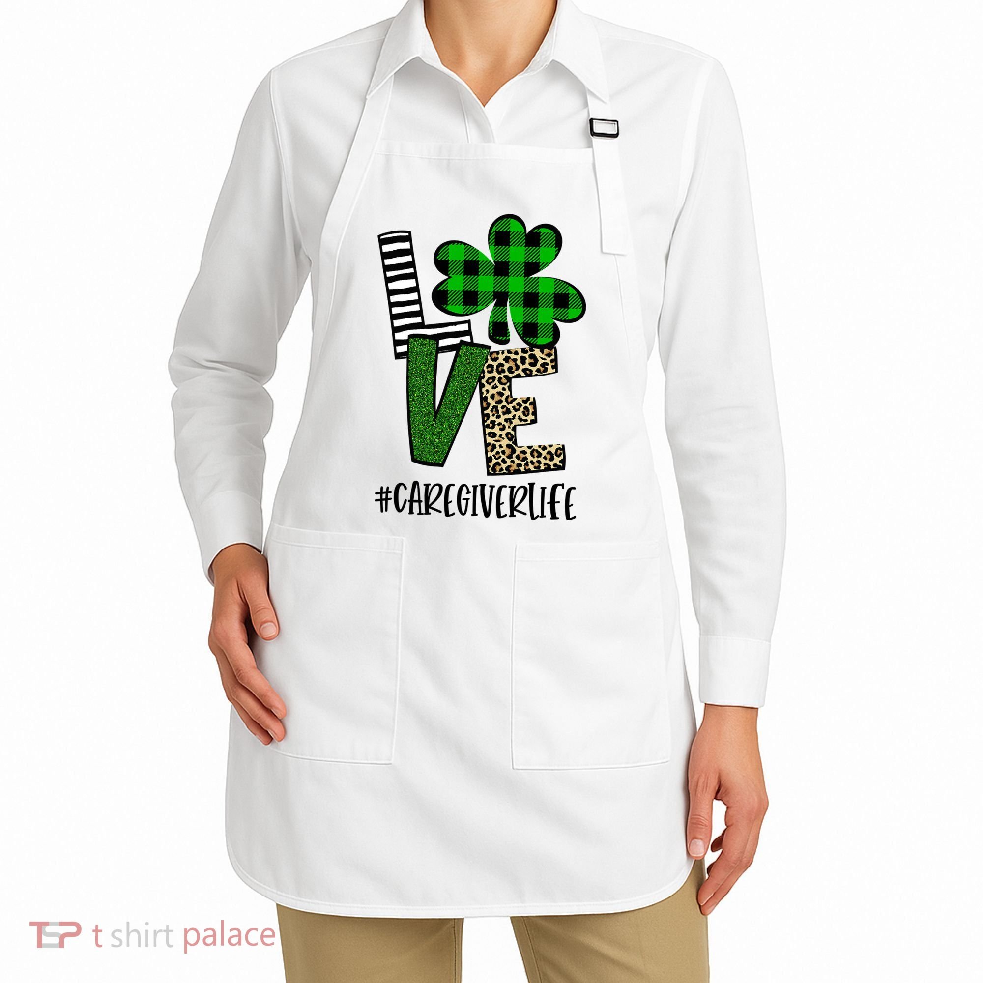 LOVE Caregiver Life St Patrick's Day Buffalo Plaid Shamrock Apron