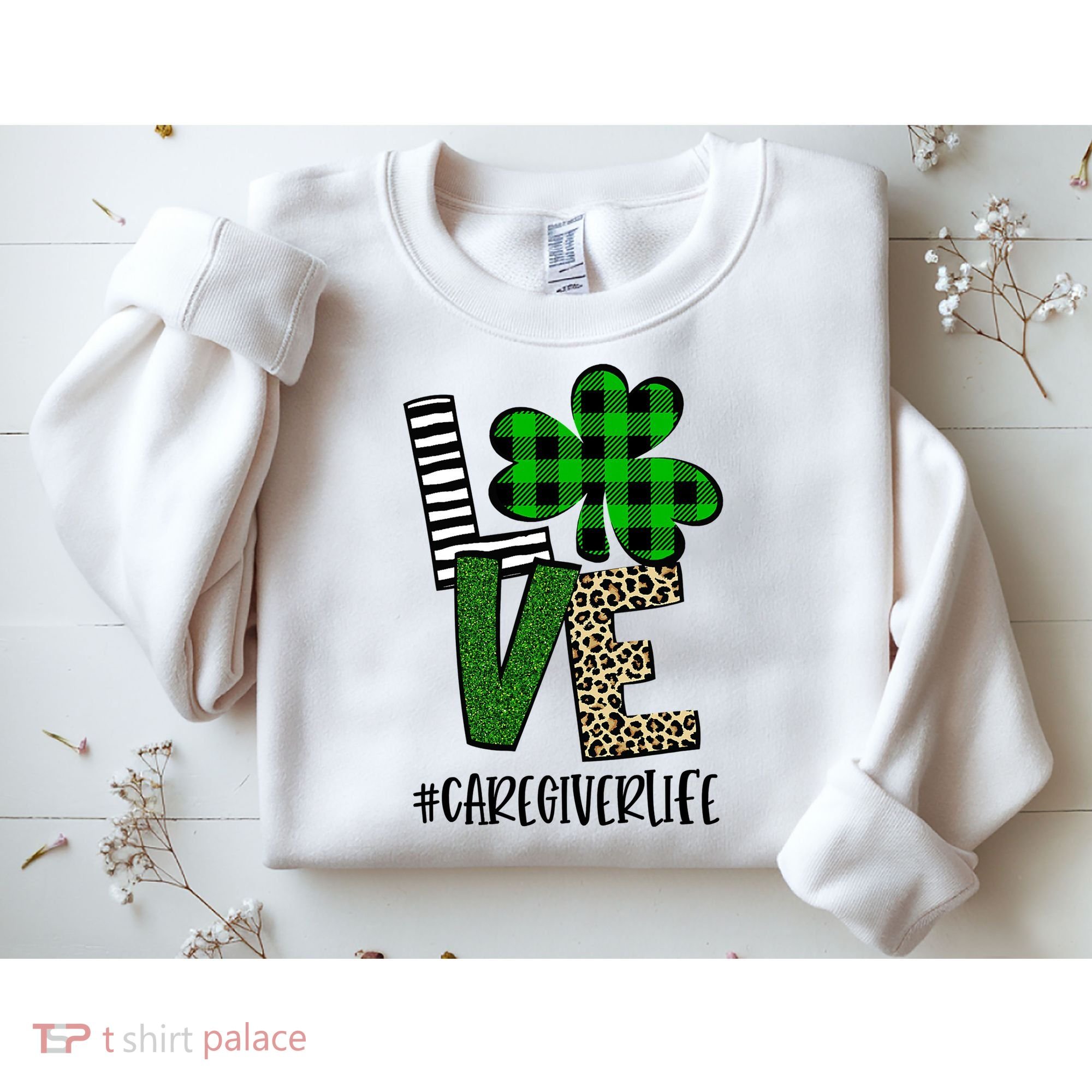 LOVE Caregiver Life St Patrick's Day Buffalo Plaid Shamrock Sweatshirt