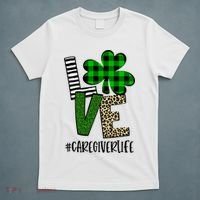LOVE Caregiver Life St Patrick's Day Buffalo Plaid Shamrock T-Shirt thumb 5