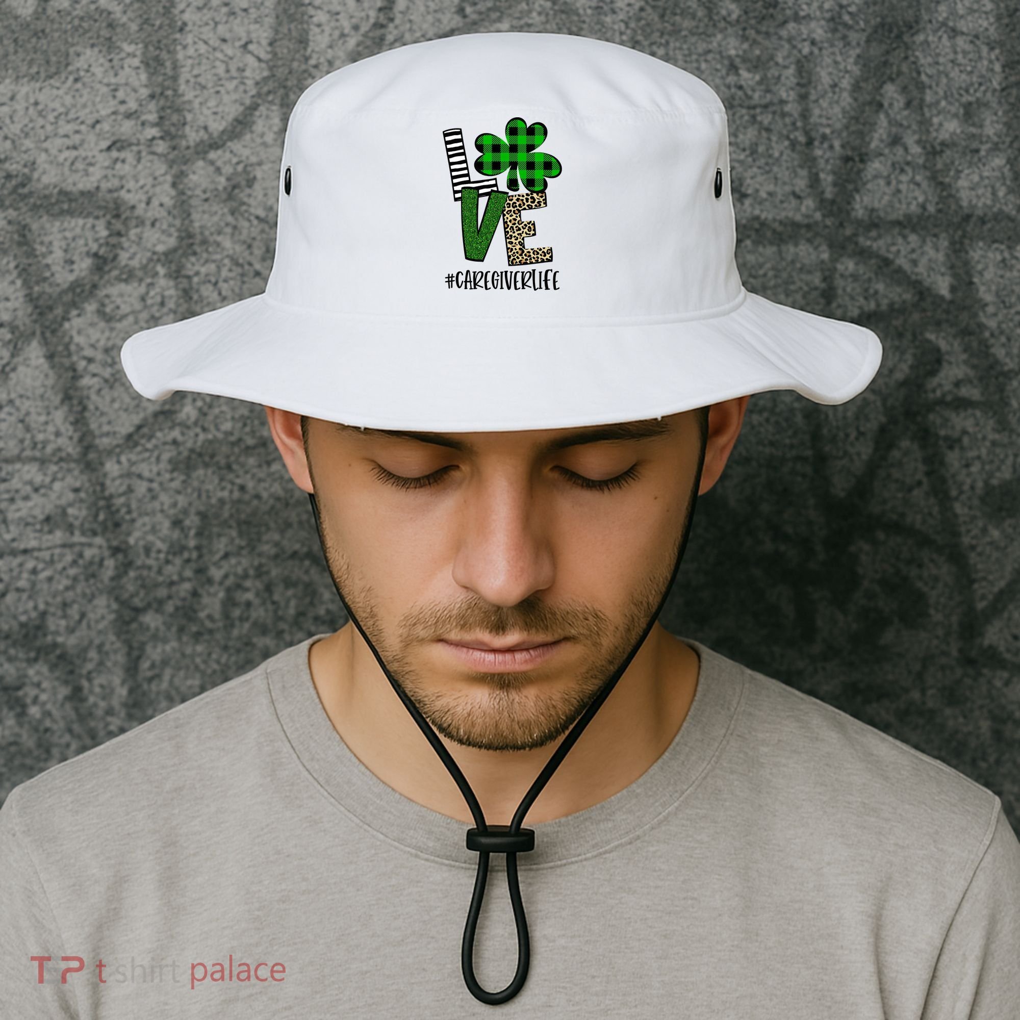 LOVE Caregiver Life St Patrick's Day Buffalo Plaid Shamrock Bucket Hat