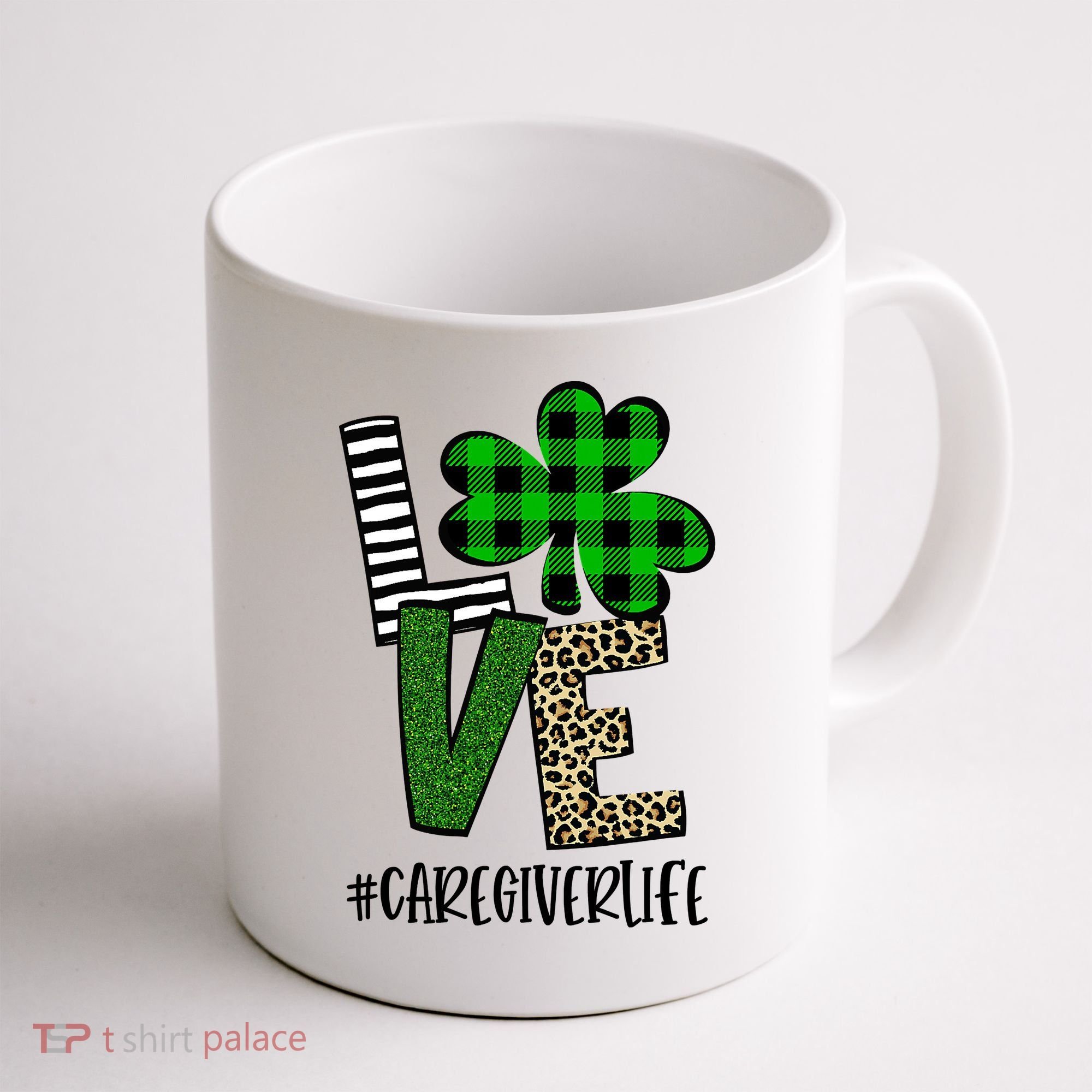 LOVE Caregiver Life St Patrick's Day Buffalo Plaid Shamrock Coffee Mug