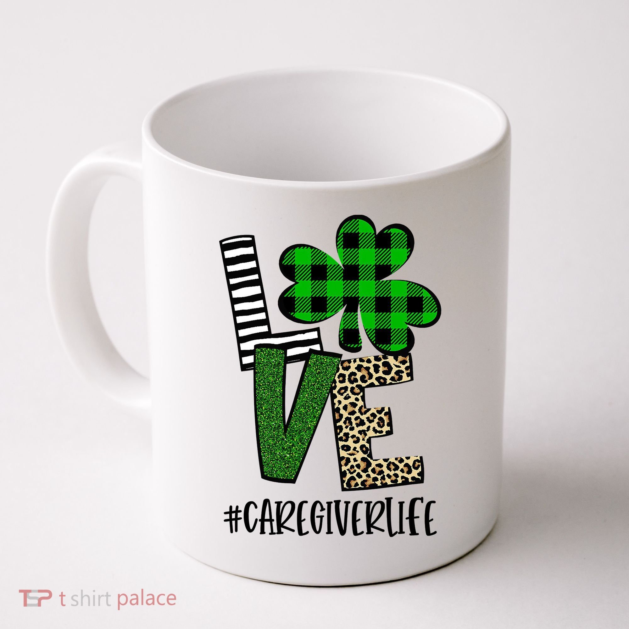 LOVE Caregiver Life St Patrick's Day Buffalo Plaid Shamrock Coffee Mug