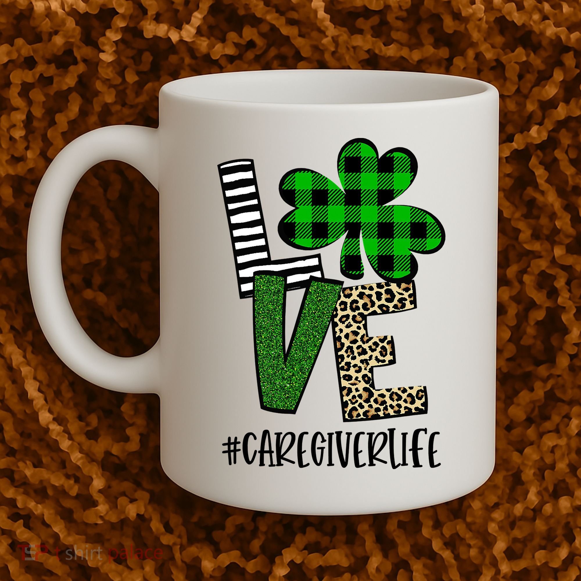 LOVE Caregiver Life St Patrick's Day Buffalo Plaid Shamrock Coffee Mug