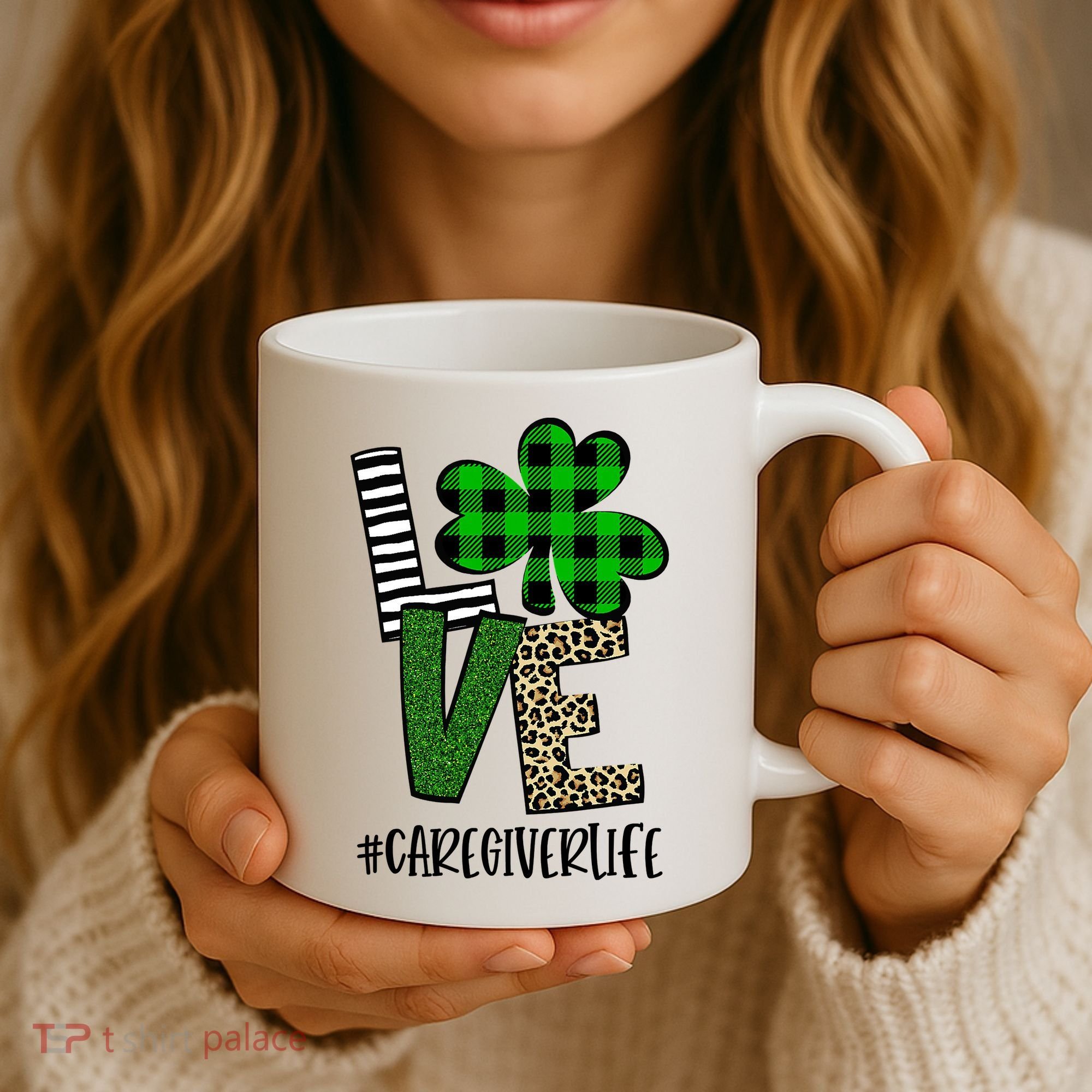 LOVE Caregiver Life St Patrick's Day Buffalo Plaid Shamrock Coffee Mug