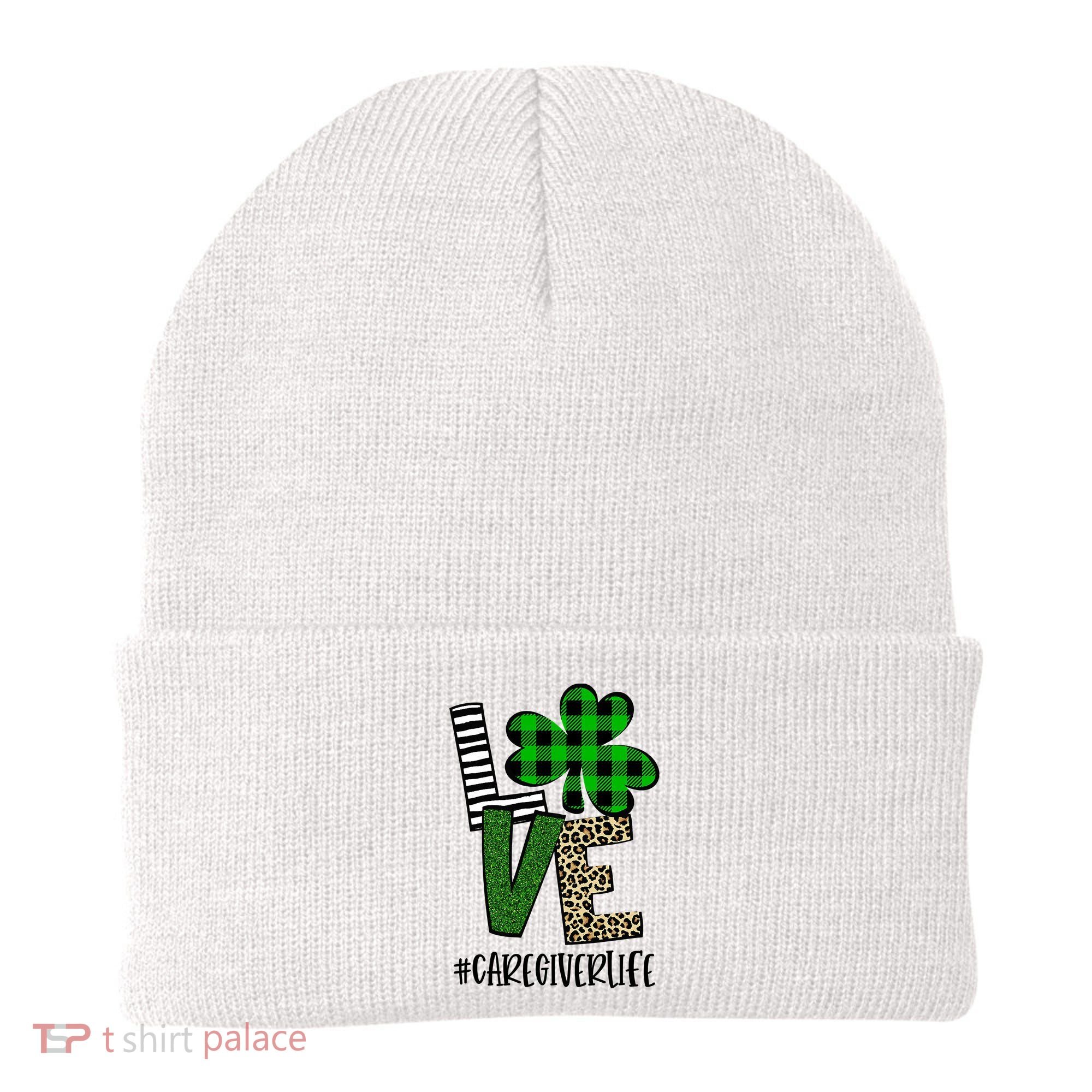 LOVE Caregiver Life St Patrick's Day Buffalo Plaid Shamrock Beanie