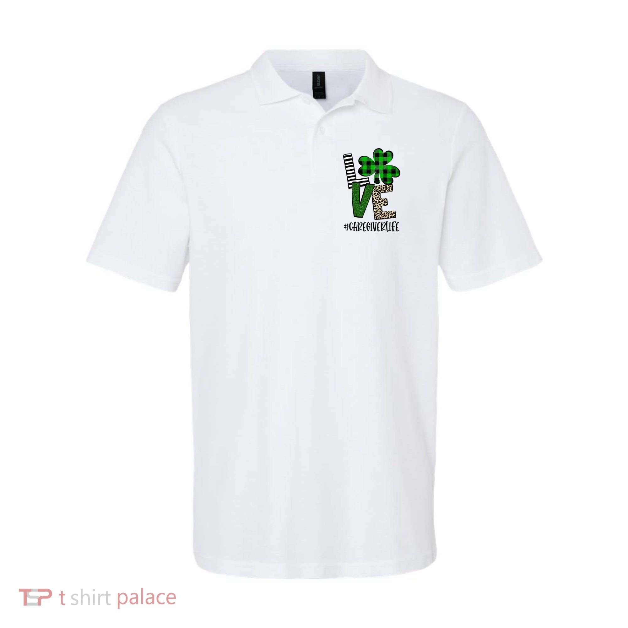 LOVE Caregiver Life St Patrick's Day Buffalo Plaid Shamrock Polo
