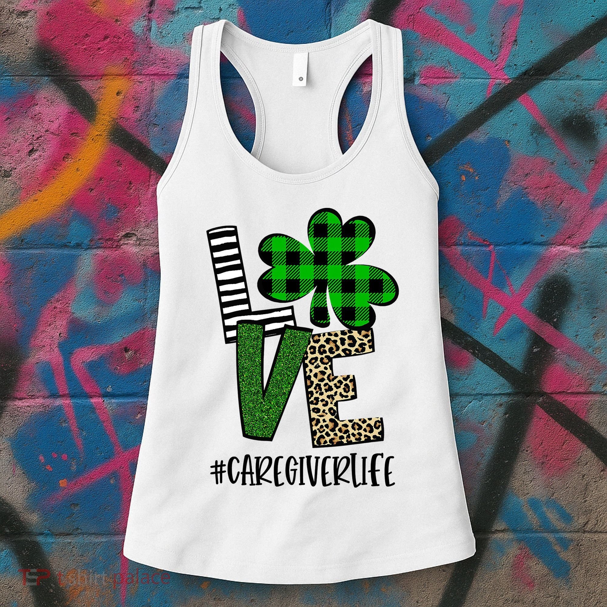 LOVE Caregiver Life St Patrick's Day Buffalo Plaid Shamrock Women's Tank Top
