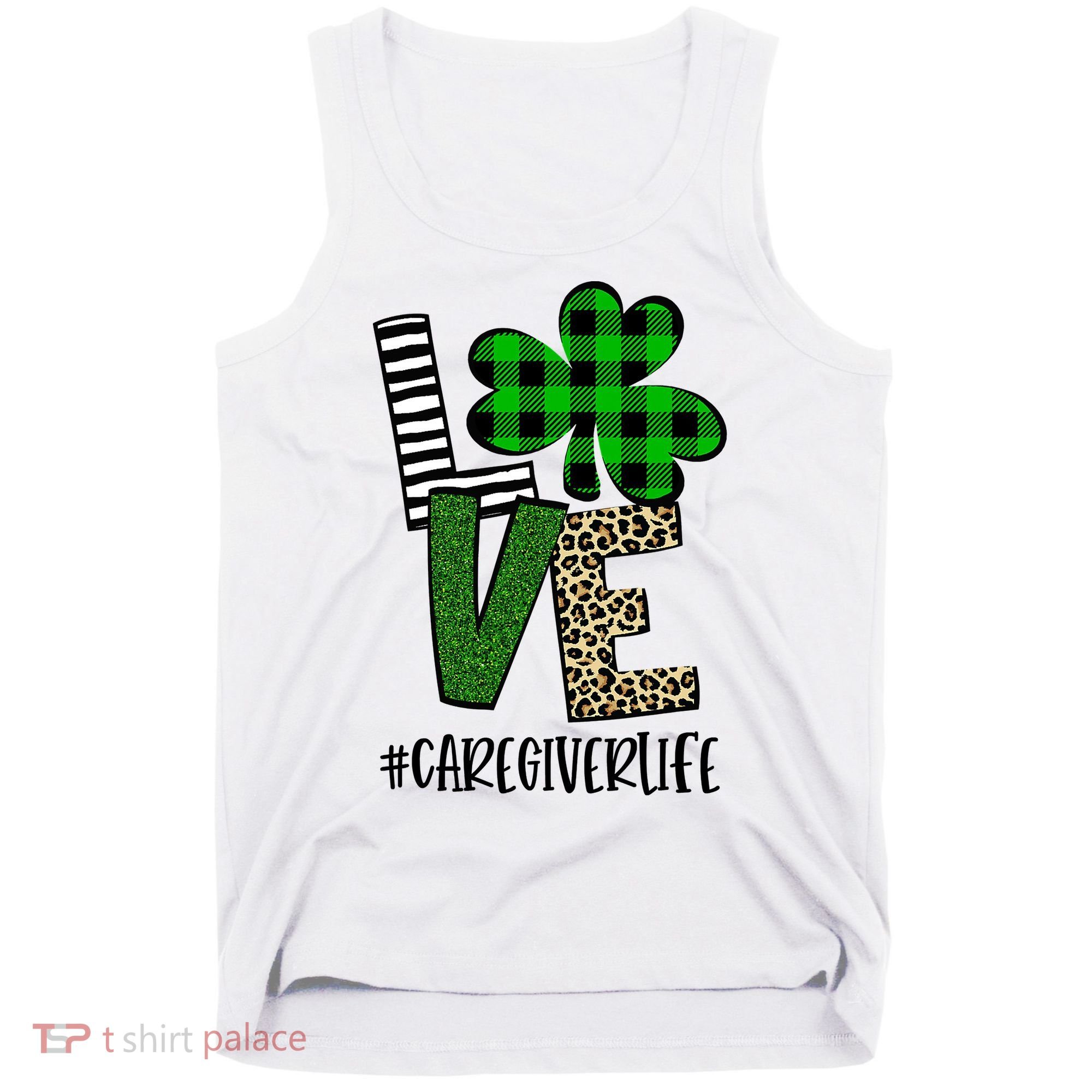 LOVE Caregiver Life St Patrick's Day Buffalo Plaid Shamrock Tank Top