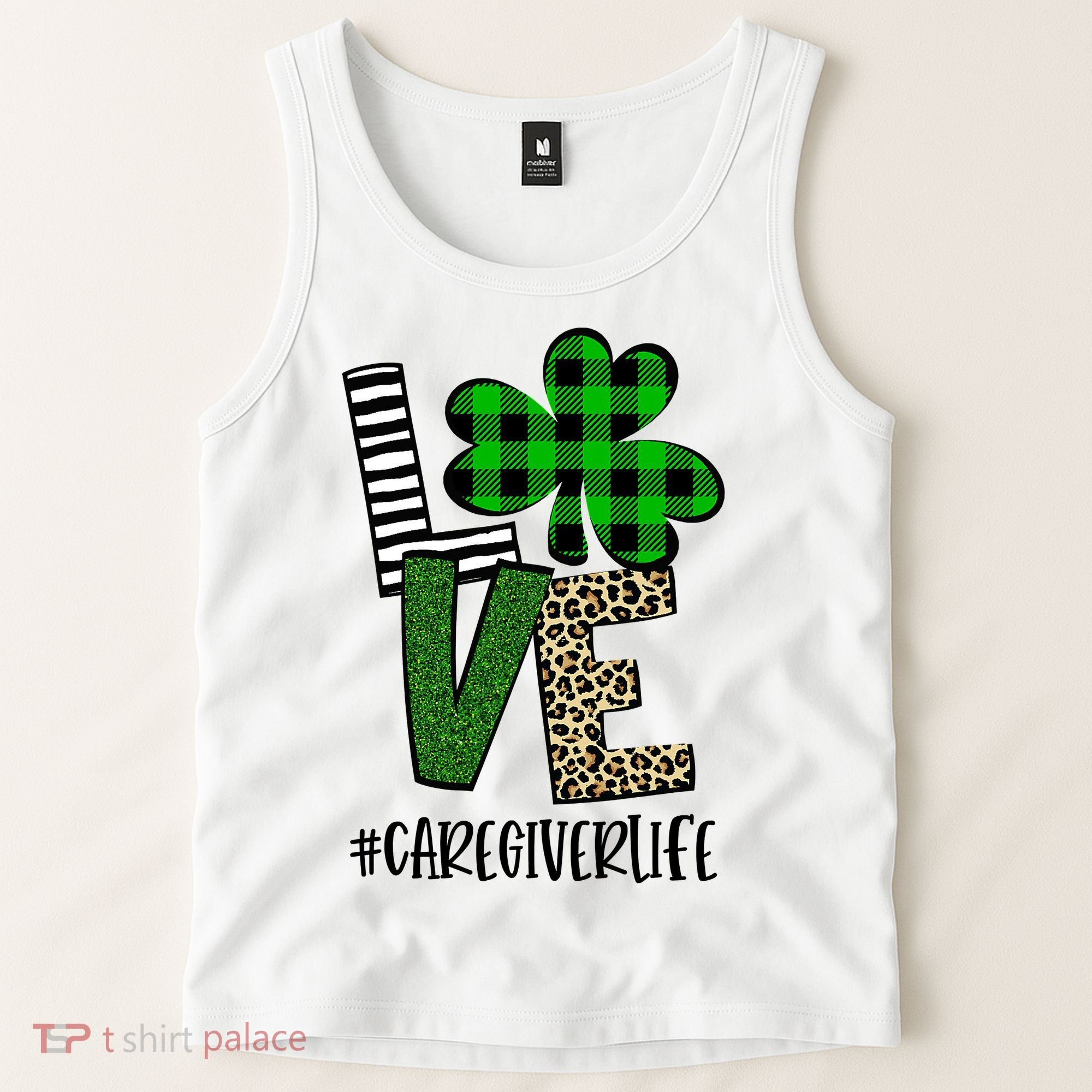 LOVE Caregiver Life St Patrick's Day Buffalo Plaid Shamrock Tank Top
