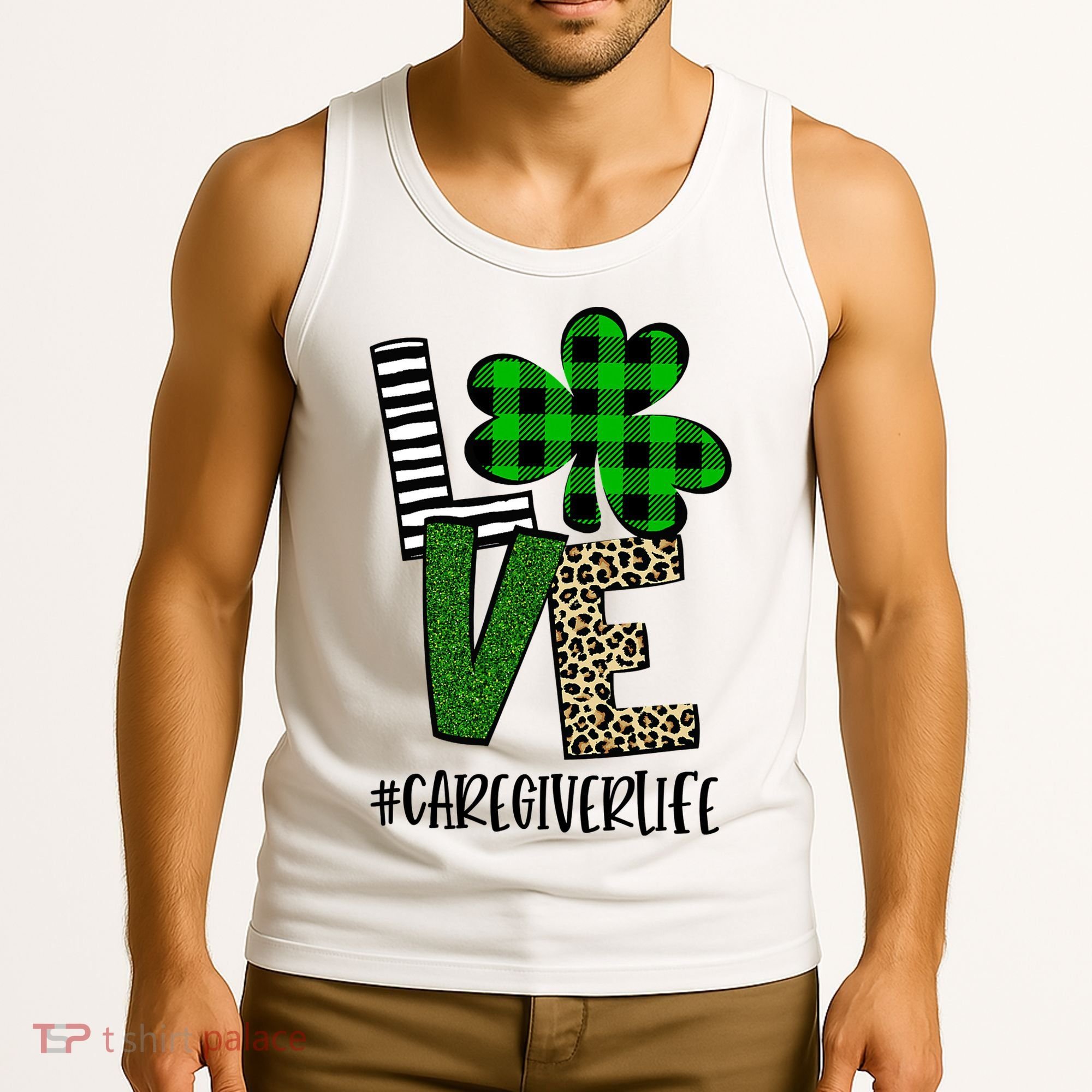 LOVE Caregiver Life St Patrick's Day Buffalo Plaid Shamrock Tank Top