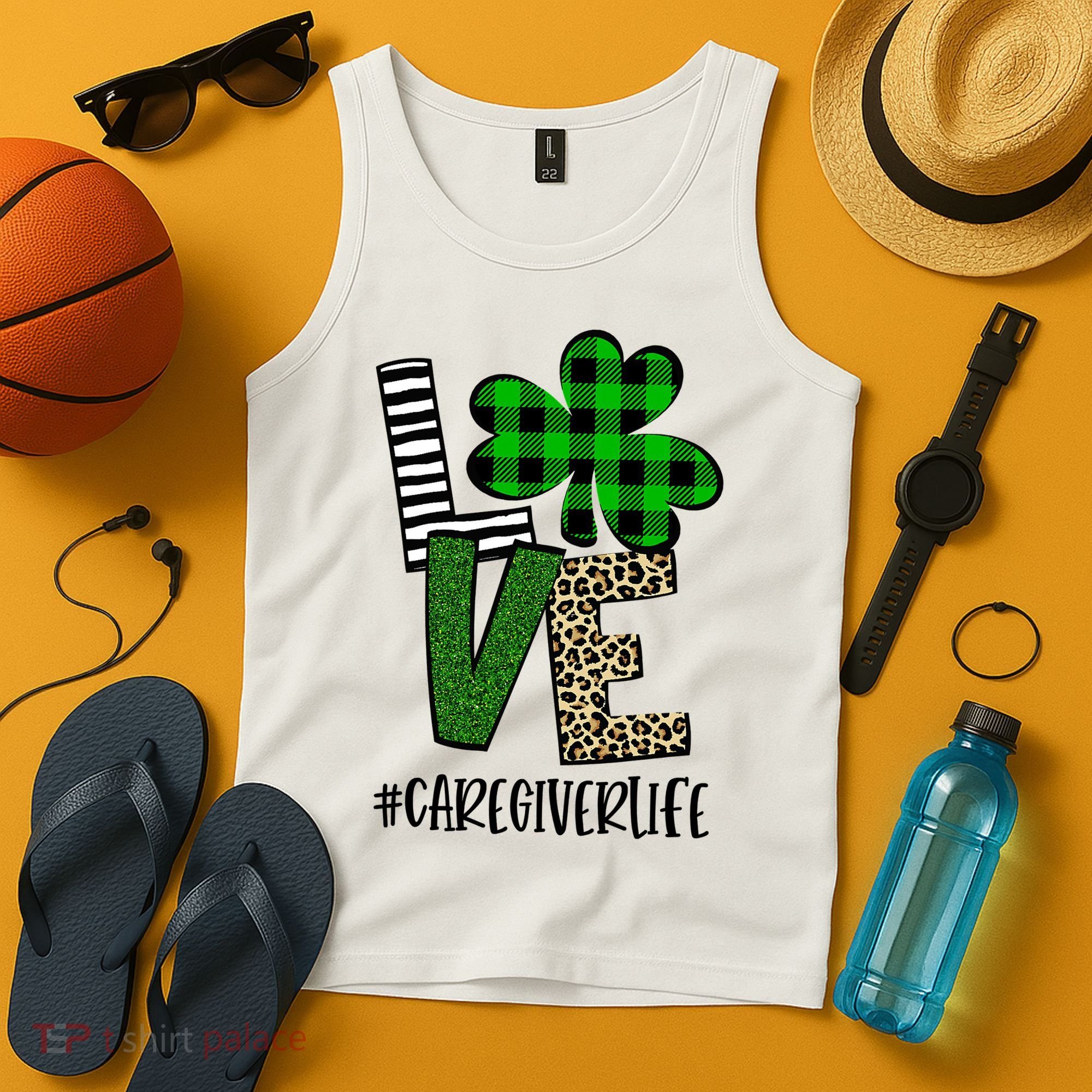 LOVE Caregiver Life St Patrick's Day Buffalo Plaid Shamrock Tank Top