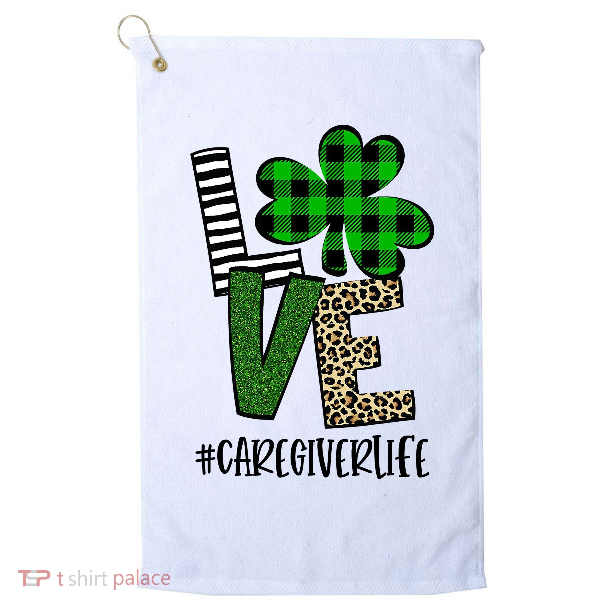 LOVE Caregiver Life St Patrick's Day Buffalo Plaid Shamrock Golf Towel
