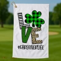 LOVE Caregiver Life St Patrick's Day Buffalo Plaid Shamrock Golf Towel thumb 1