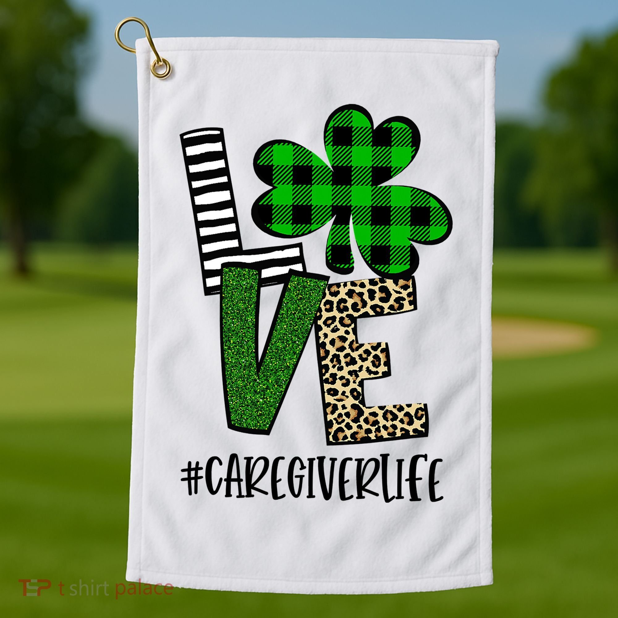 LOVE Caregiver Life St Patrick's Day Buffalo Plaid Shamrock Golf Towel