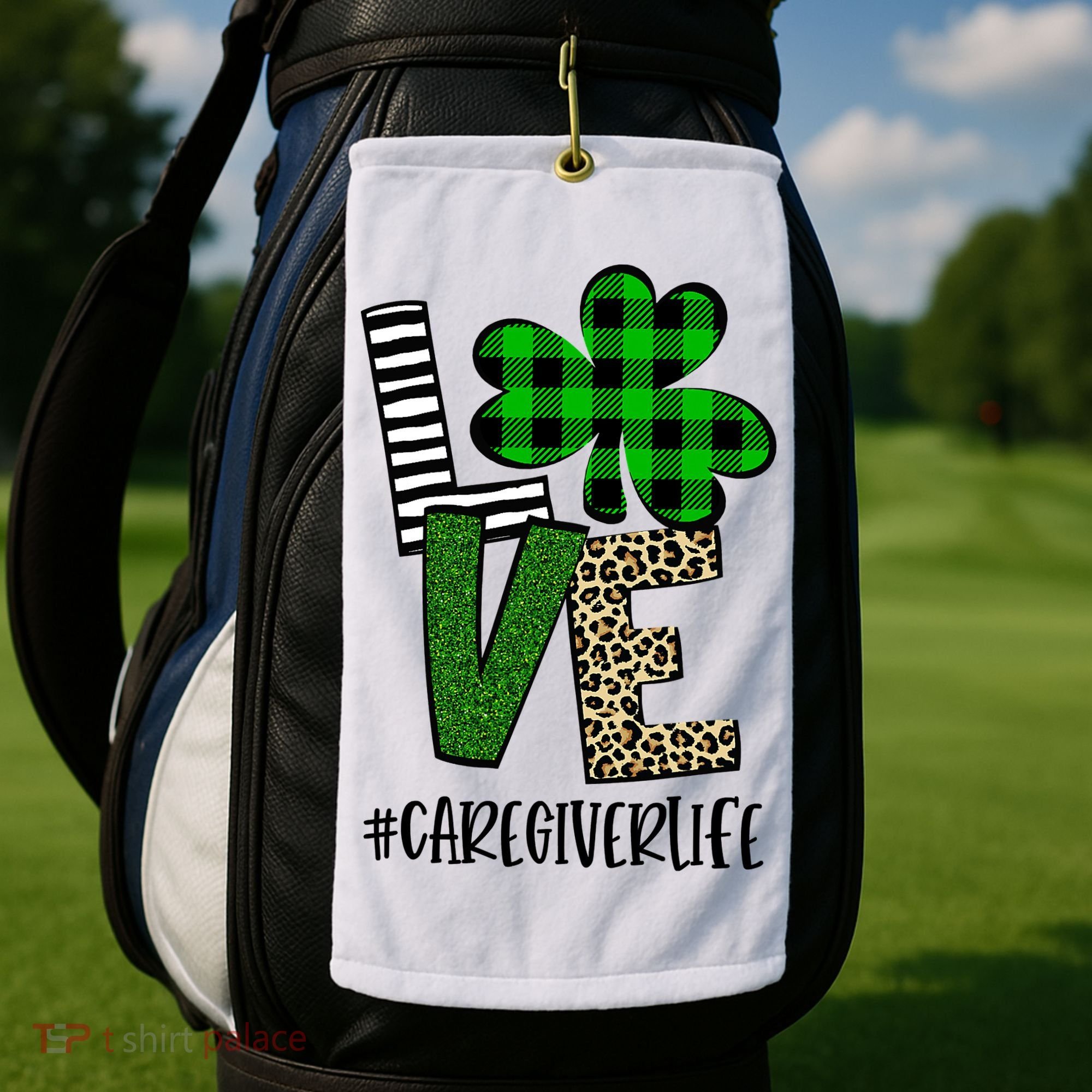 LOVE Caregiver Life St Patrick's Day Buffalo Plaid Shamrock Golf Towel