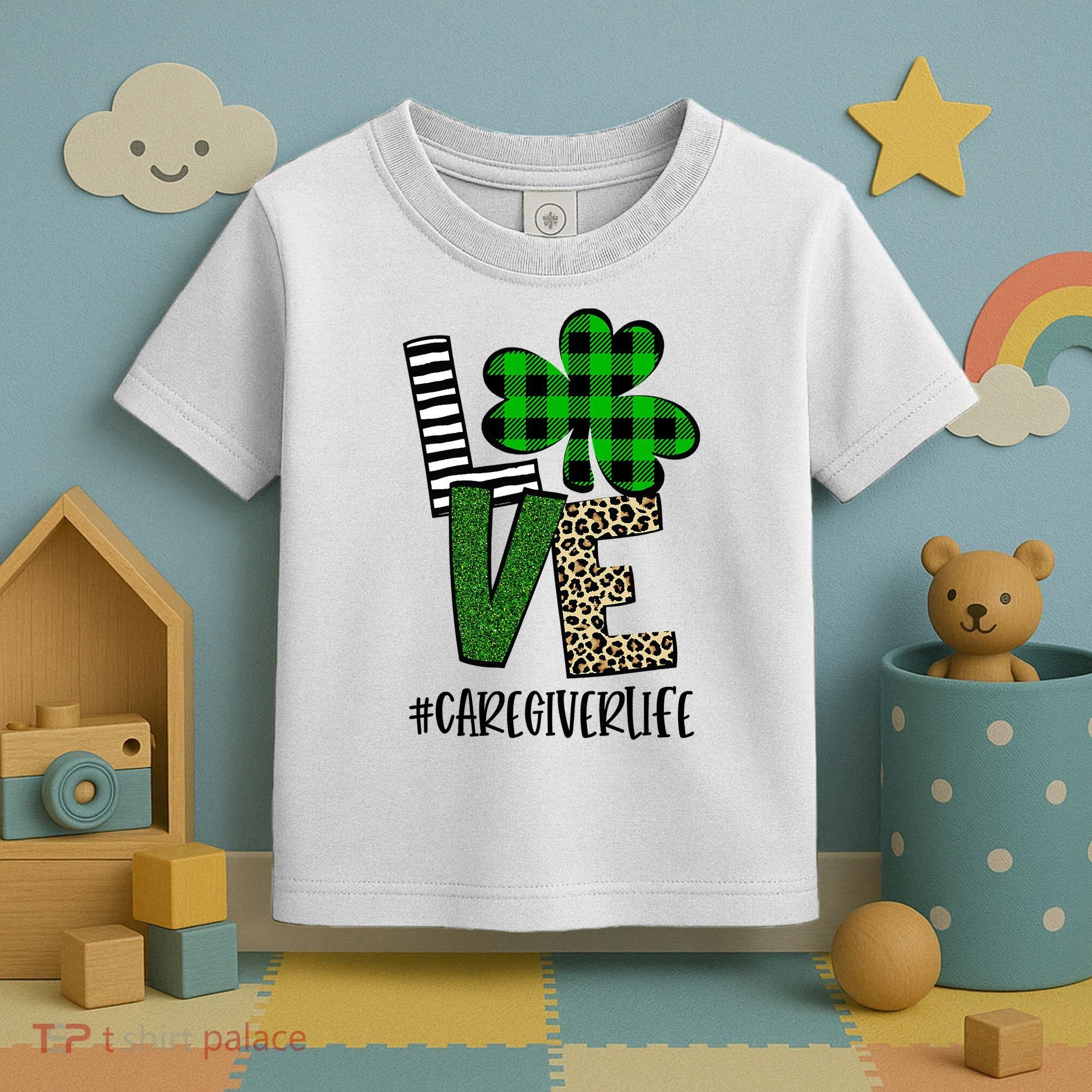LOVE Caregiver Life St Patrick's Day Buffalo Plaid Shamrock Toddler T-Shirt